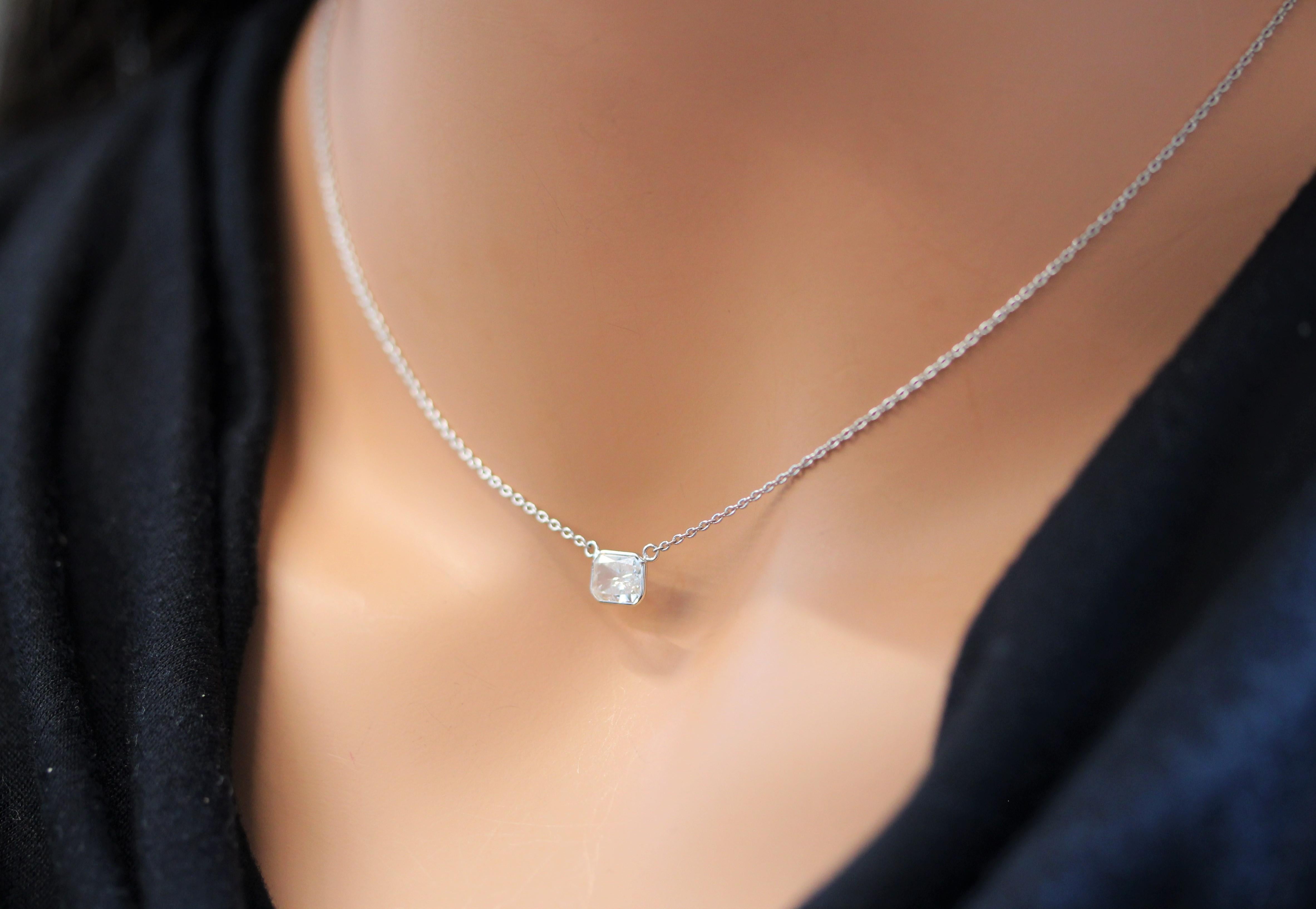 Contemporary 1.02 Carat Radiant Diamond Handmade Solitaire Necklace In 14k White Gold For Sale