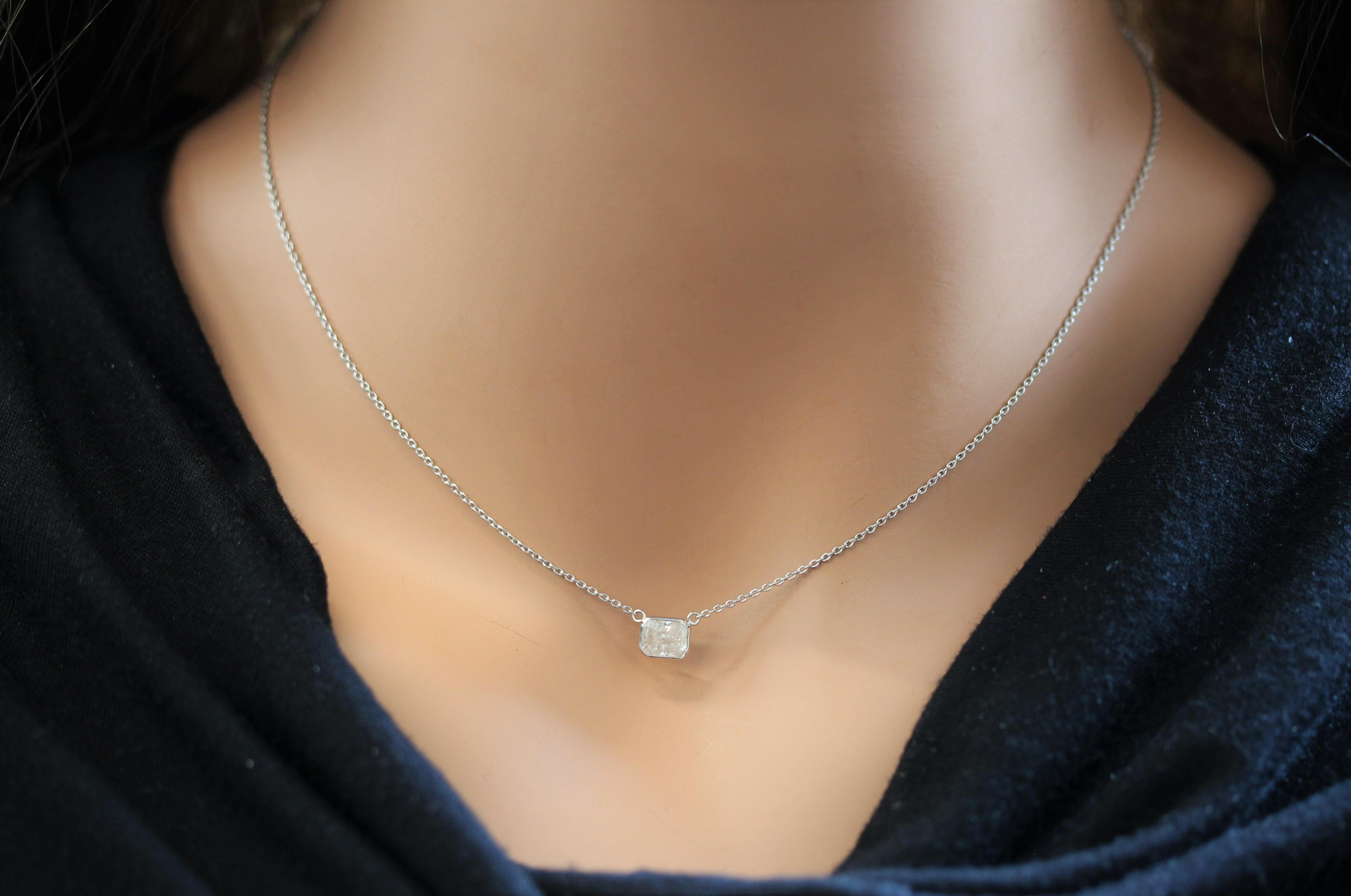 Radiant Cut 1.02 Carat Radiant Diamond Handmade Solitaire Necklace In 14k White Gold For Sale