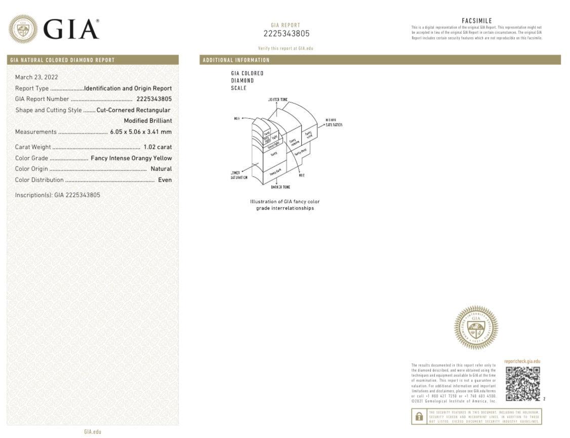 1,02 Carati Rettangolare Brillante certificato GIA Fancy Intense Orangy Yellow Diamo In condizioni buone in vendita a New York, NY