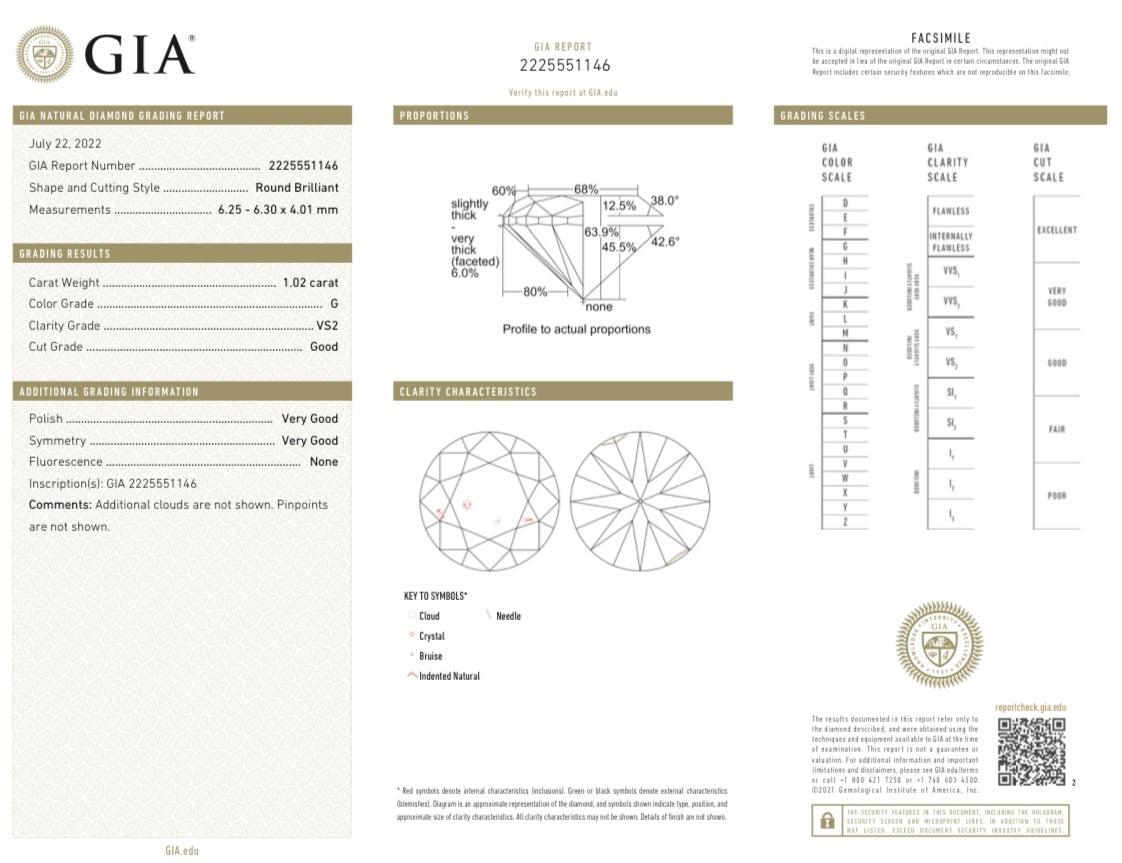Brilliant Cut 1.02 Carat Round Brilliant Gia Certified G Color Vs2 Clarity Diamond For Sale
