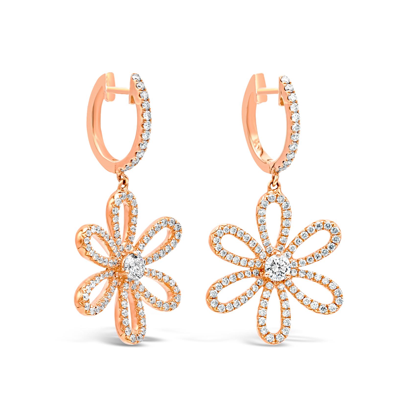 A fashionable pair of dangle earrings showcasing round brilliant diamonds. Diamonds weigh 1.02 carats total; E-F color and VS - VVS clarity. This beautiful piece of jewelry set in an elegant flower design made in 18k rose gold.

Roman Malakov is a