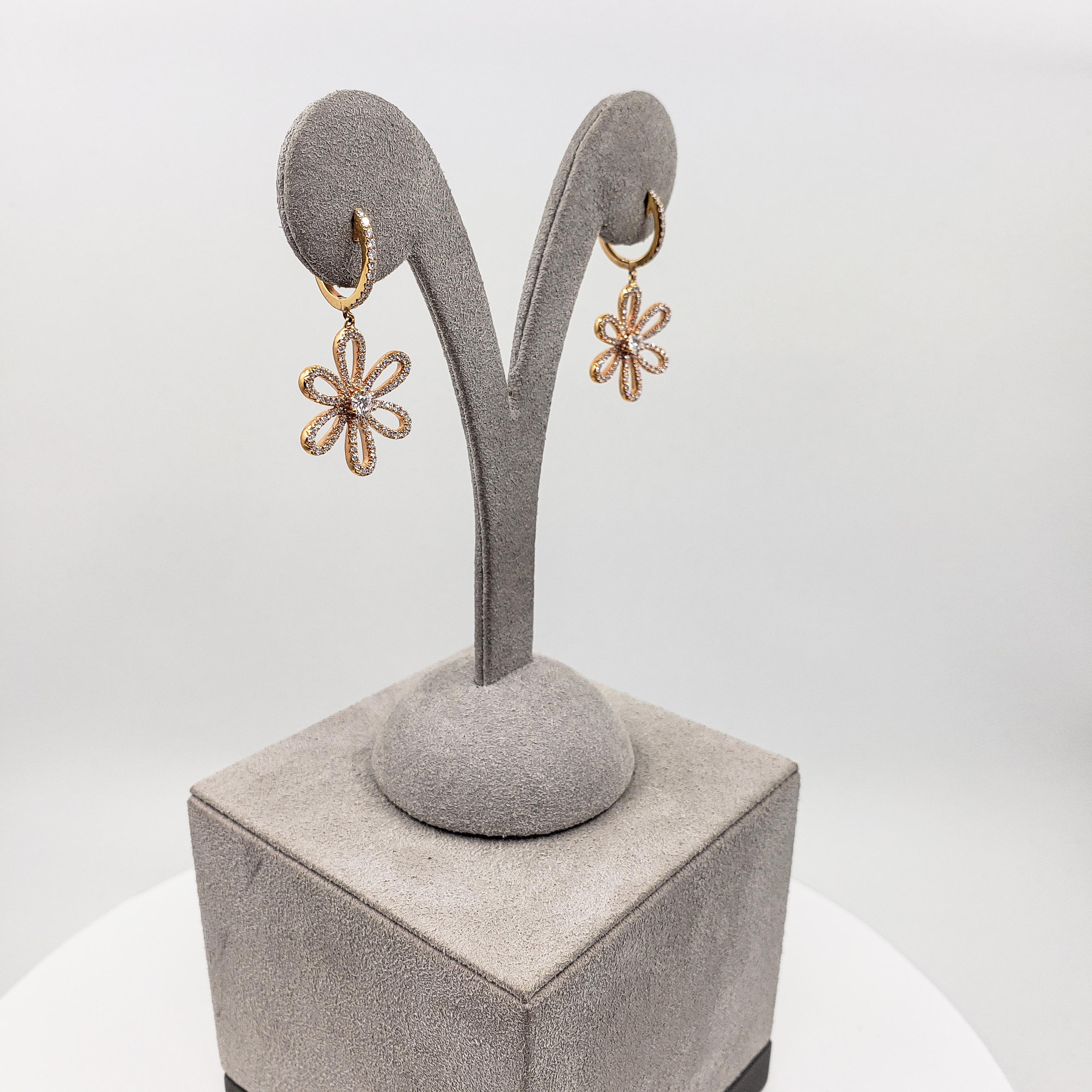 Women's 1.02 Carat Round Diamond Dangle Flower Earrings in 18K Rose Gold For Sale