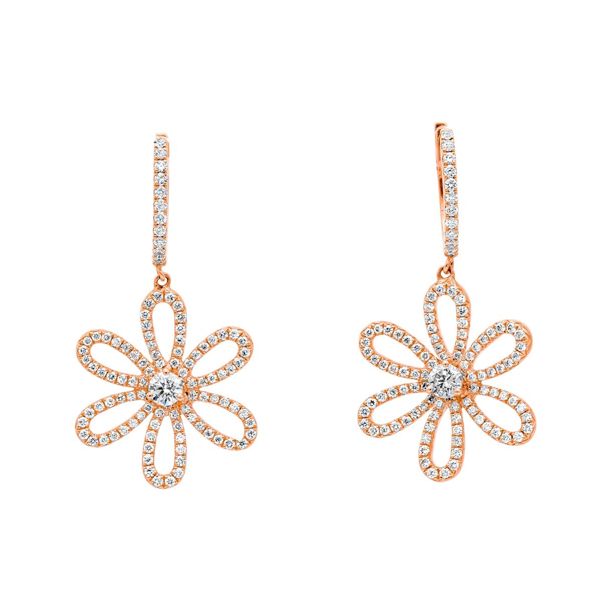 1.02 Carat Round Diamond Dangle Flower Earrings in 18K Rose Gold For Sale