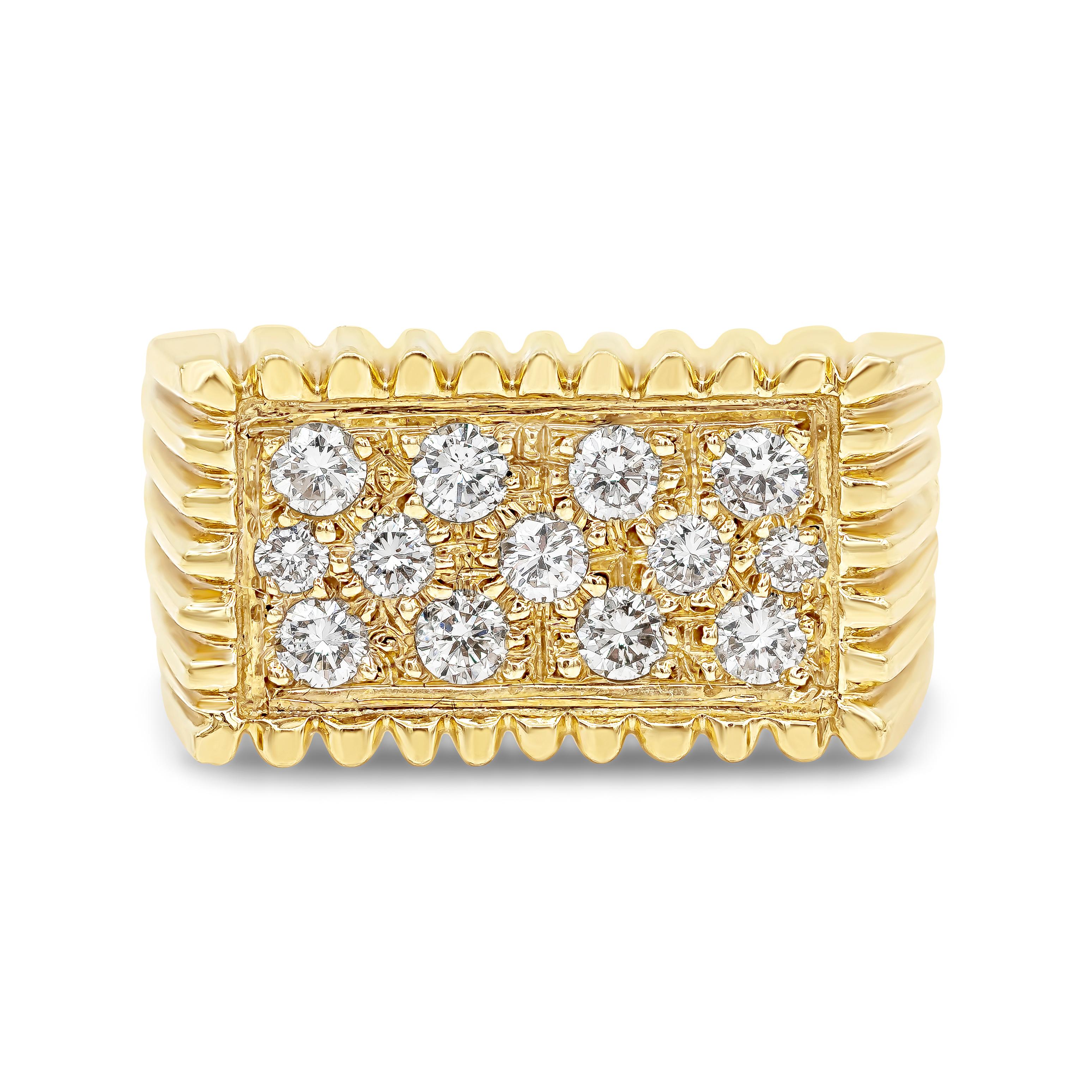 A chic men's fashion ring showcasing round brilliant diamonds, set in a flat 14K yellow gold mounting. Finished with bar edges to add to its modern look. Diamonds weigh 1.02 carats total. Size 8.5 US, resizable upon request.

Roman Malakov is a