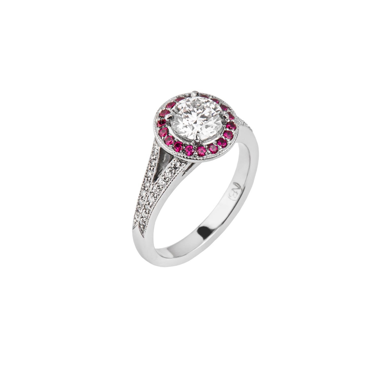 Women's or Men's 1.02 Carat Round Diamond Ruby Cluster Ring Platinum Natalie Barney For Sale