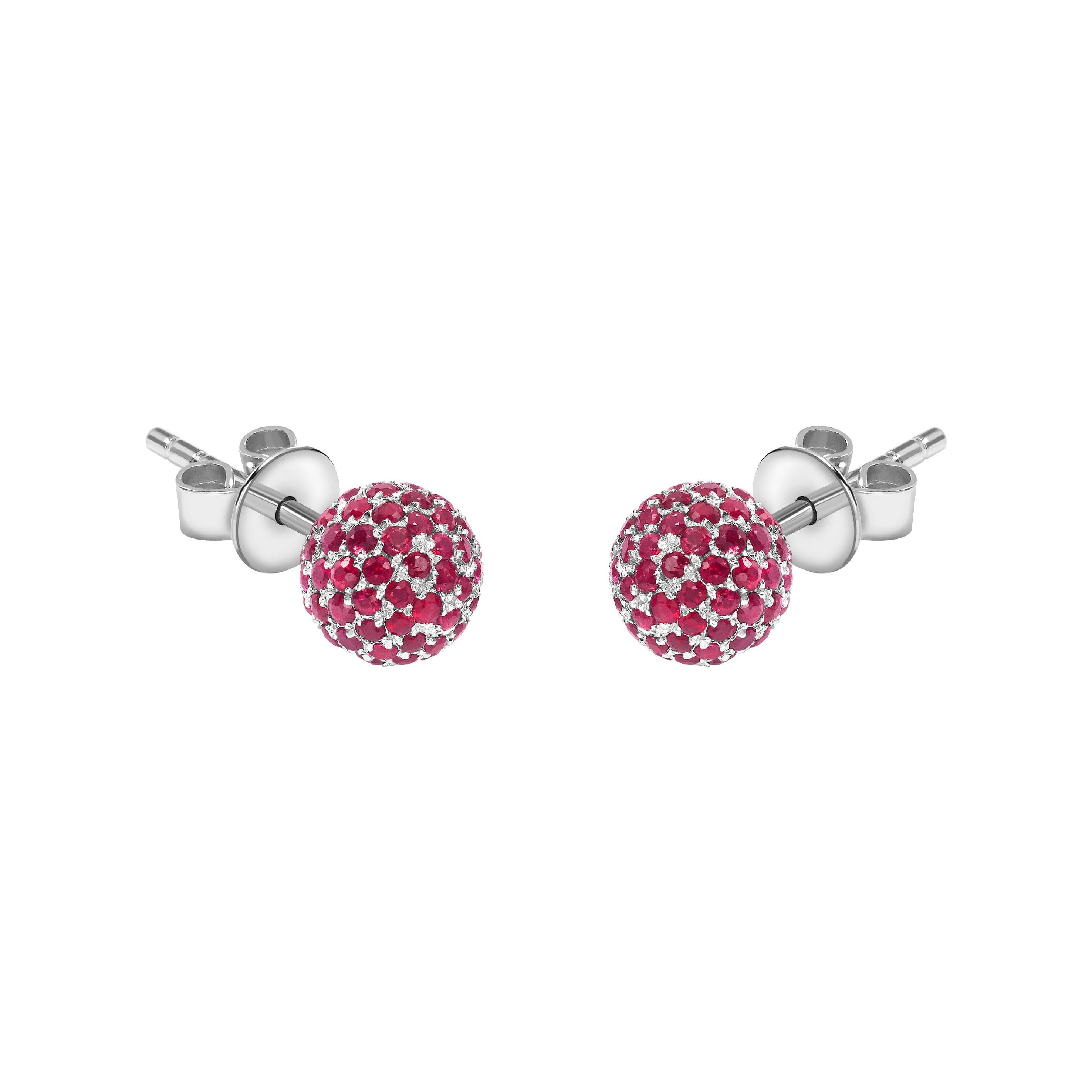 1.02 Carat Round Red Ruby 18 Karat White Gold Pave Set Diamond Earrings For Sale