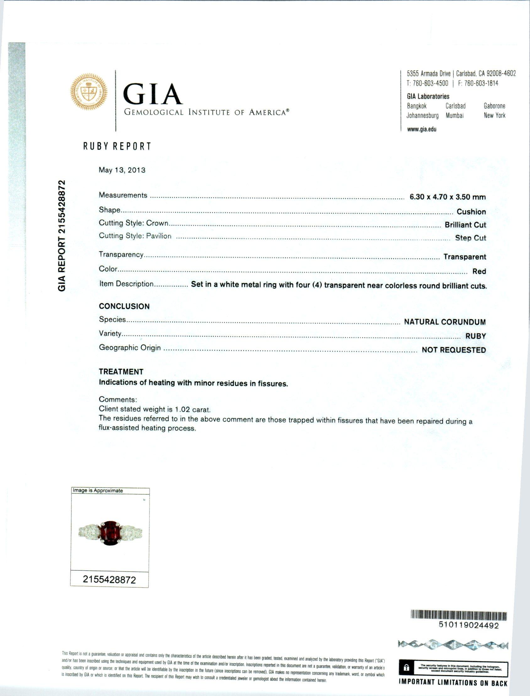 Women's 1.02 Carat Ruby Diamond Platinum Three-Stone Engagement Ring For Sale
