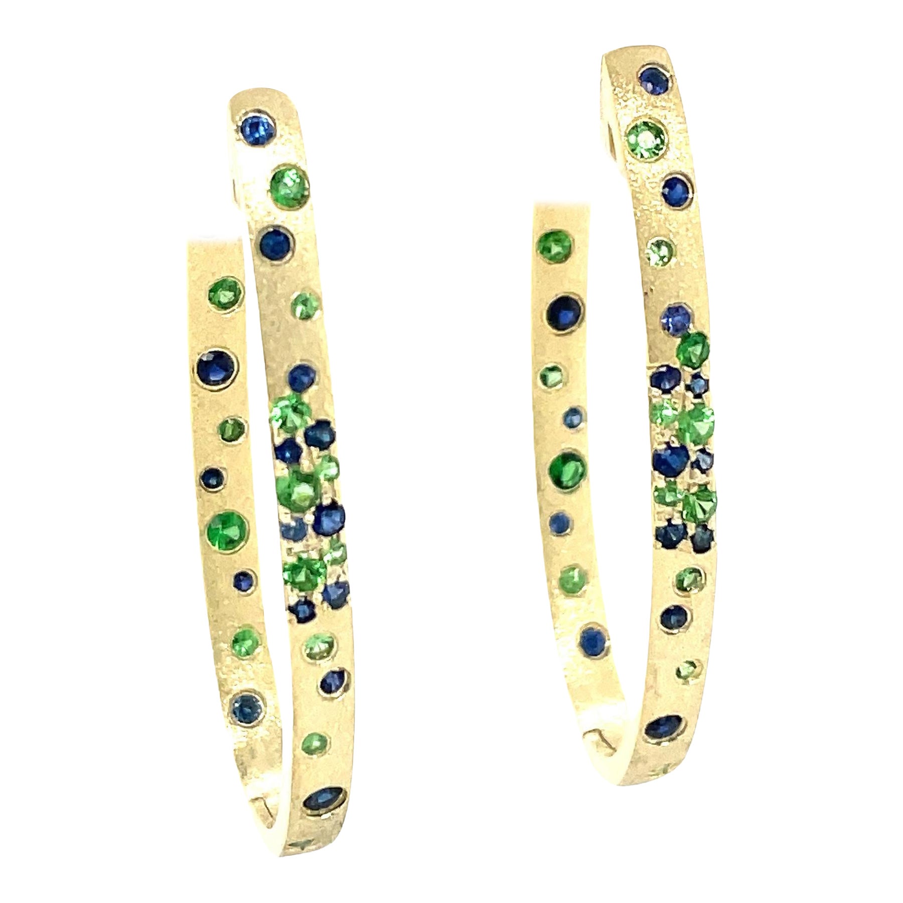 1.02 Carat Sapphire and Tsavorite Flush Set Oval Hoop Green Gold Earrings