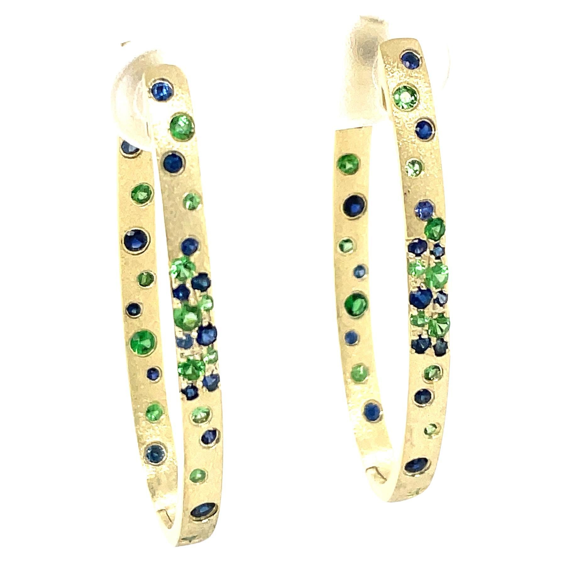 1.02 Carat Sapphire and Tsavorite Flush Set Oval Hoop Green Gold Earrings