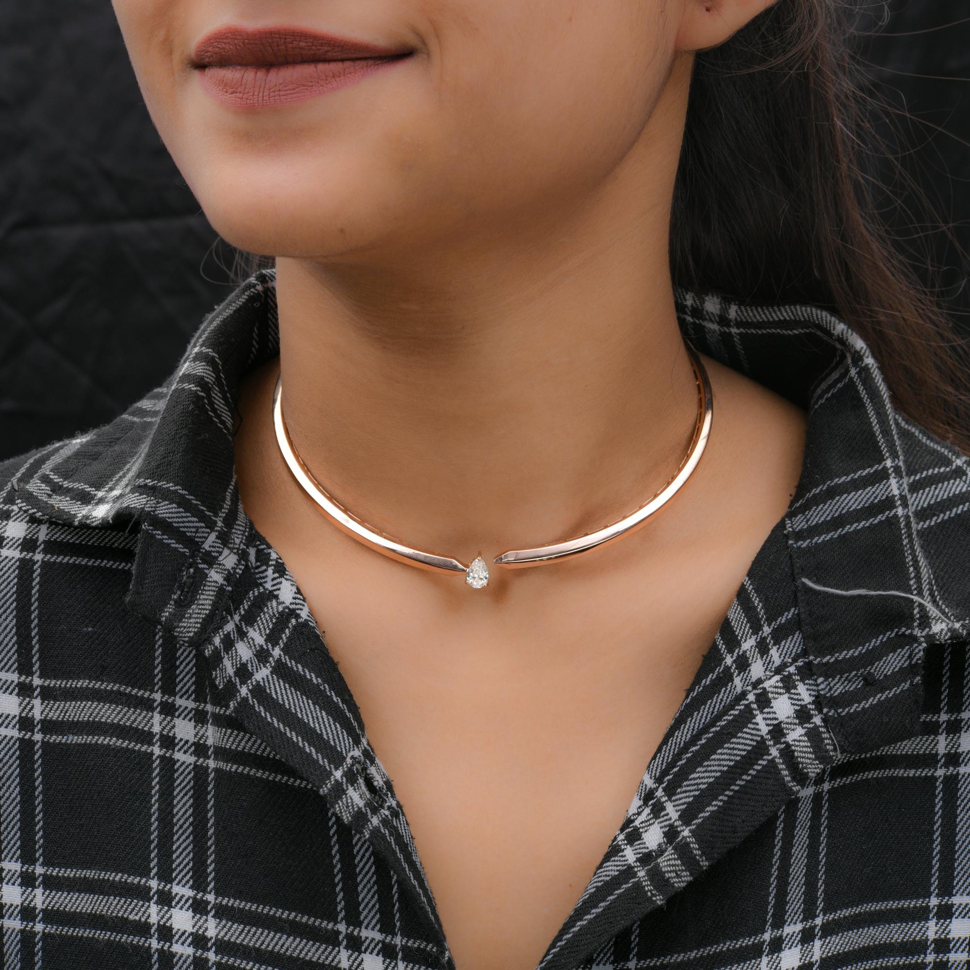 Modern 1.02 Carat Solitaire Pear Diamond Choker Necklace 14 Karat Rose Gold Jewelry For Sale