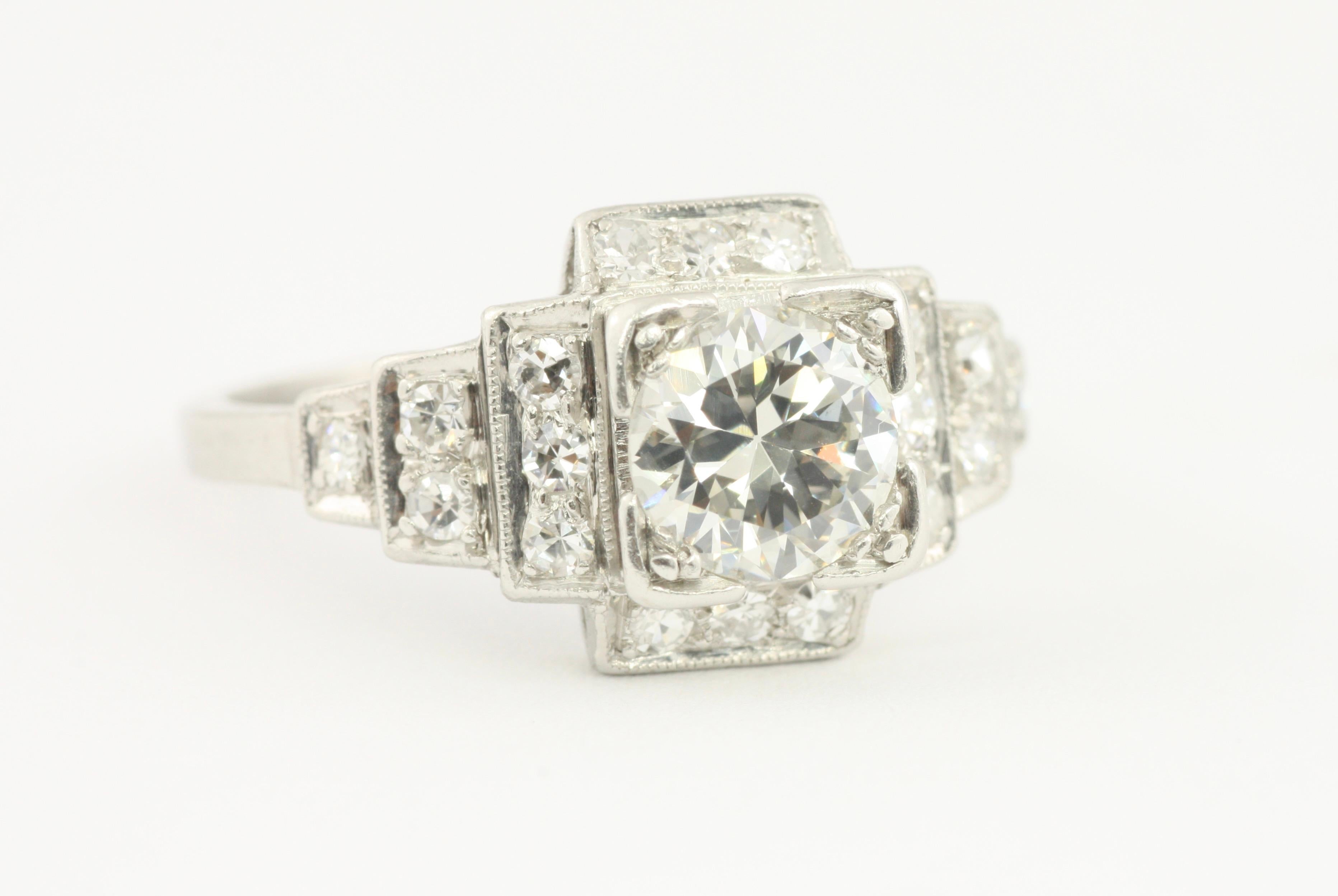 Old European Cut 1.02 Carat Total Old European Diamond Vintage Art Deco Platinum Engagement Ring For Sale