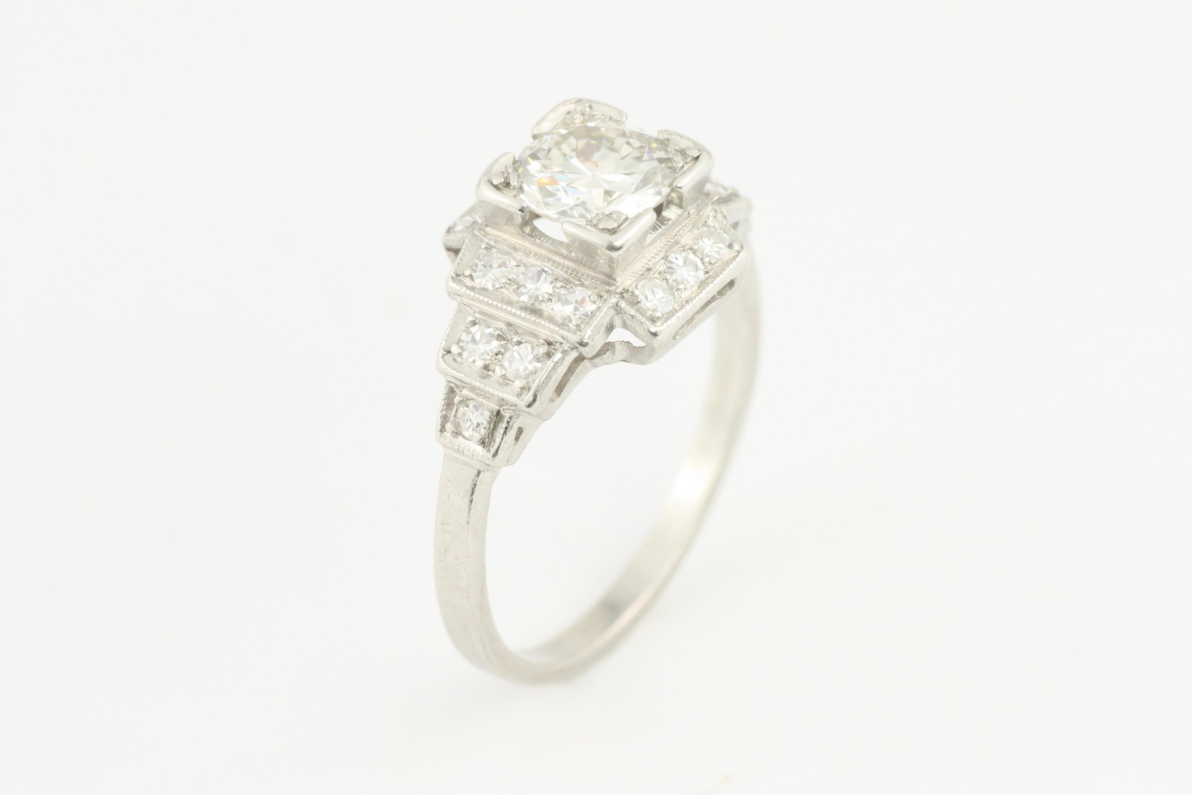 1.02 Carat Total Old European Diamond Vintage Art Deco Platinum Engagement Ring In Excellent Condition For Sale In Venice, CA