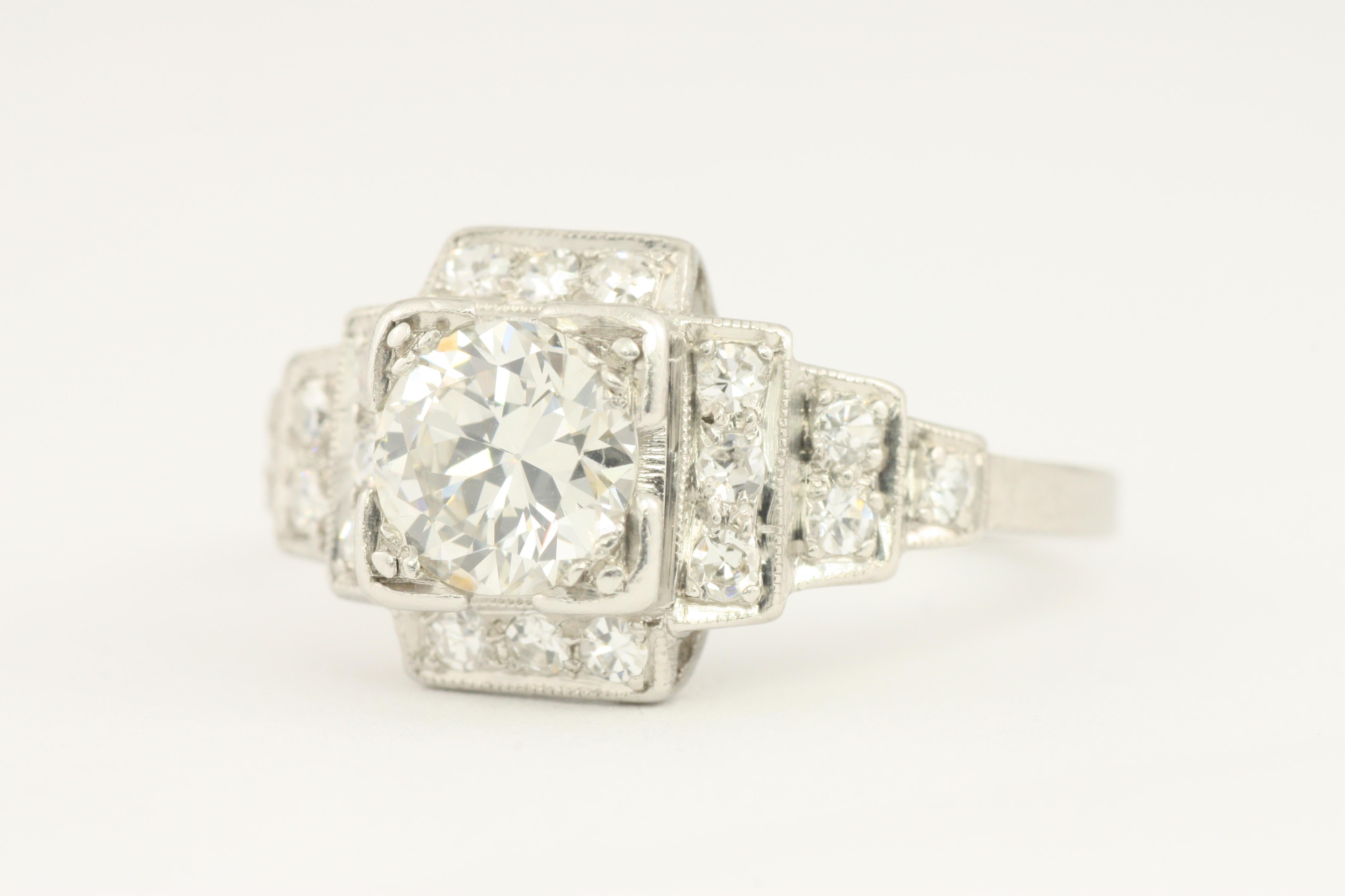 Women's 1.02 Carat Total Old European Diamond Vintage Art Deco Platinum Engagement Ring For Sale