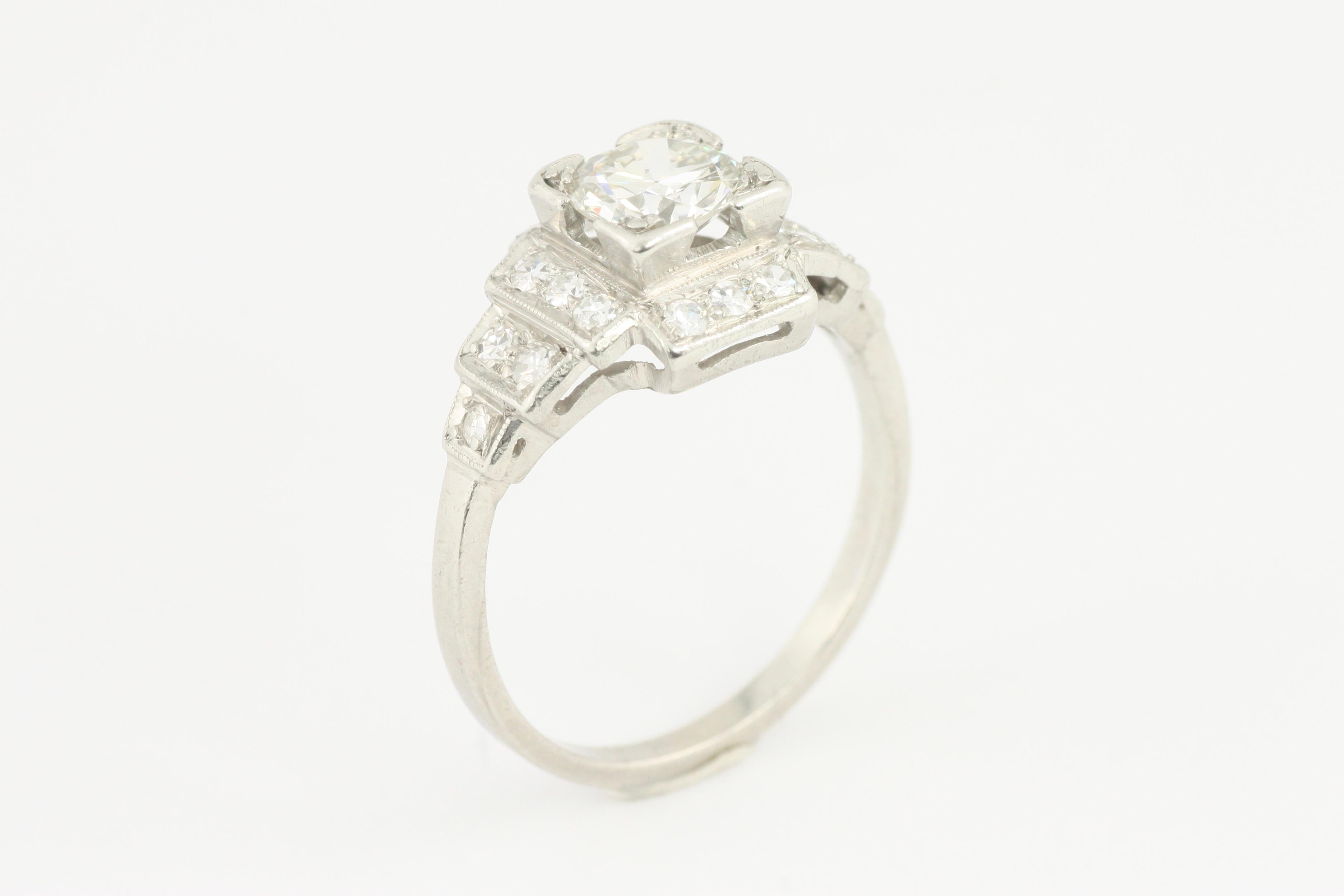 1.02 Carat Total Old European Diamond Vintage Art Deco Platinum Engagement Ring For Sale 1