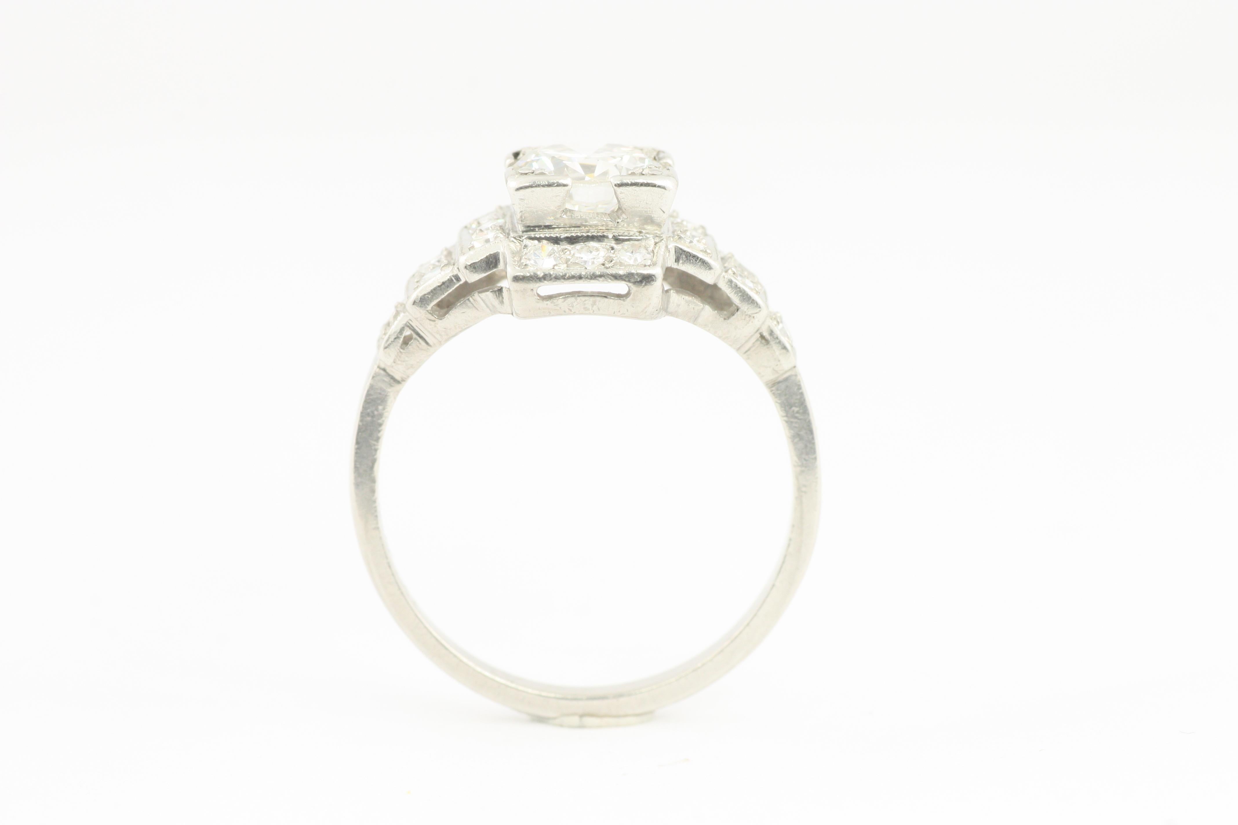 1.02 Carat Total Old European Diamond Vintage Art Deco Platinum Engagement Ring For Sale 2