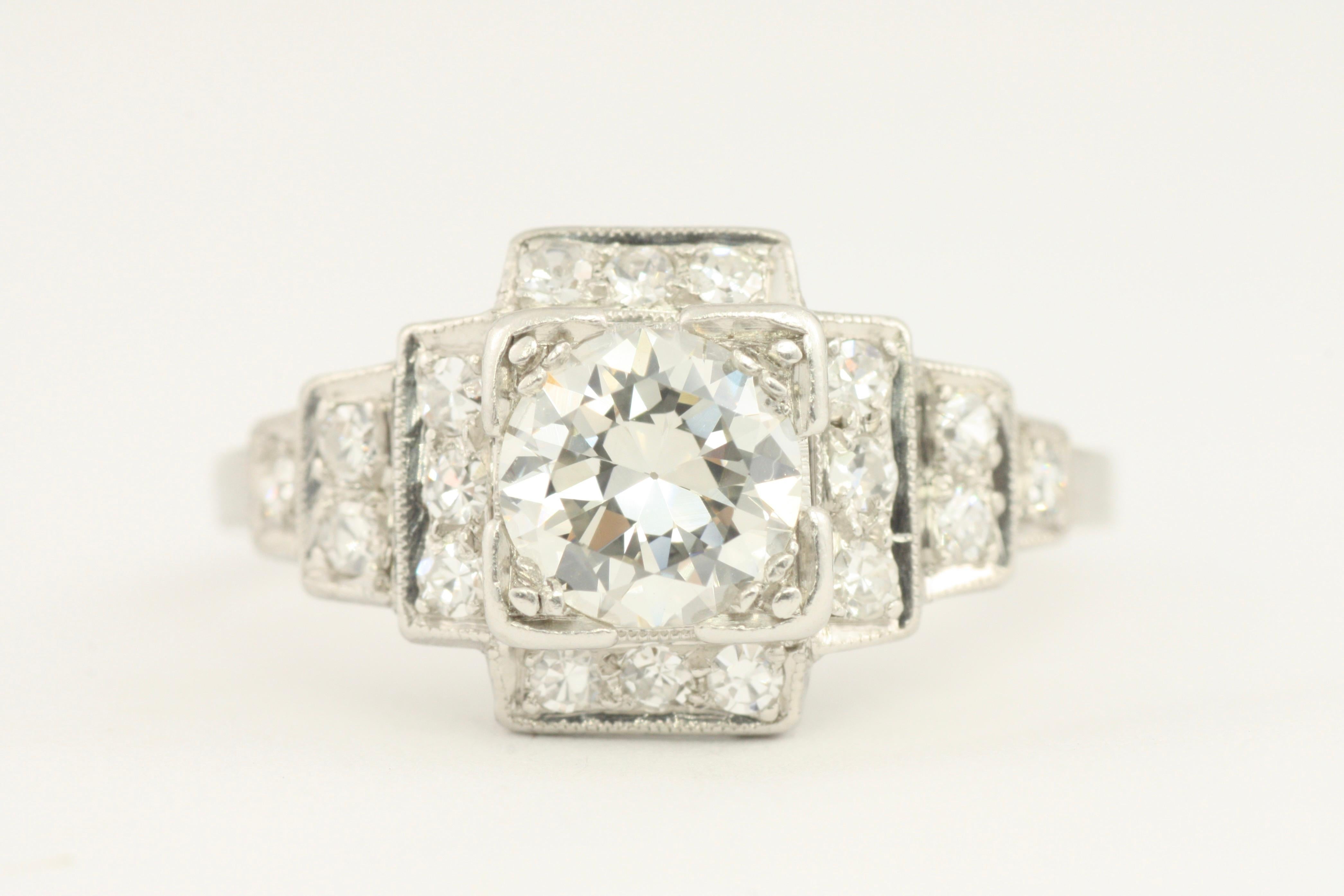 1.02 Carat Total Old European Diamond Vintage Art Deco Platinum Engagement Ring For Sale 5