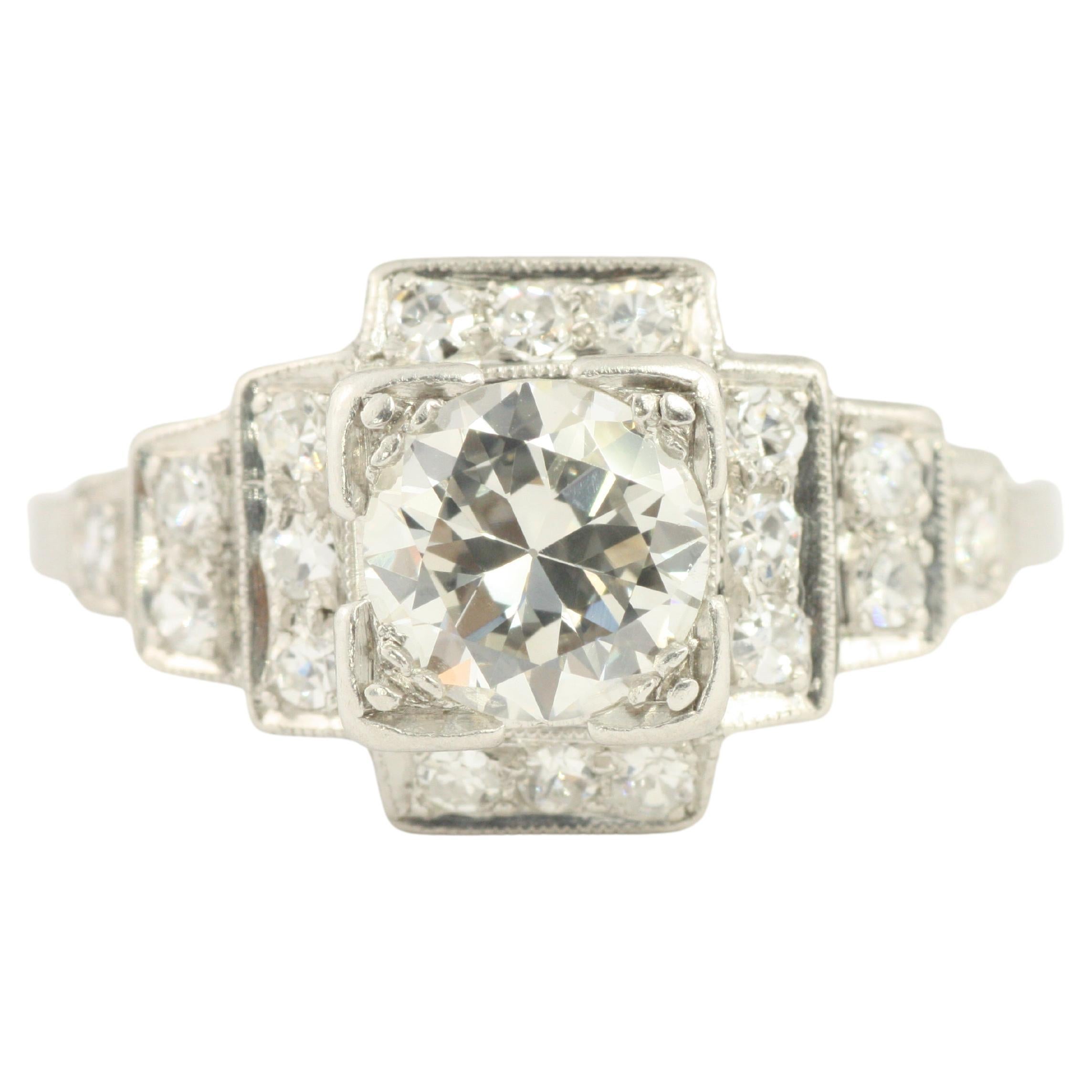 1.02 Carat Total Old European Diamond Vintage Art Deco Platinum Engagement Ring For Sale