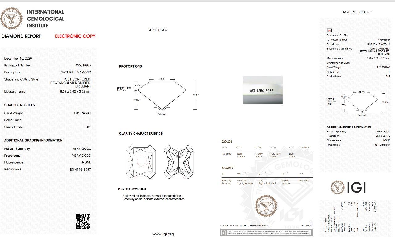 1.02 Carat White Diamond Ring SI2 Clarity IGI Certified For Sale 1