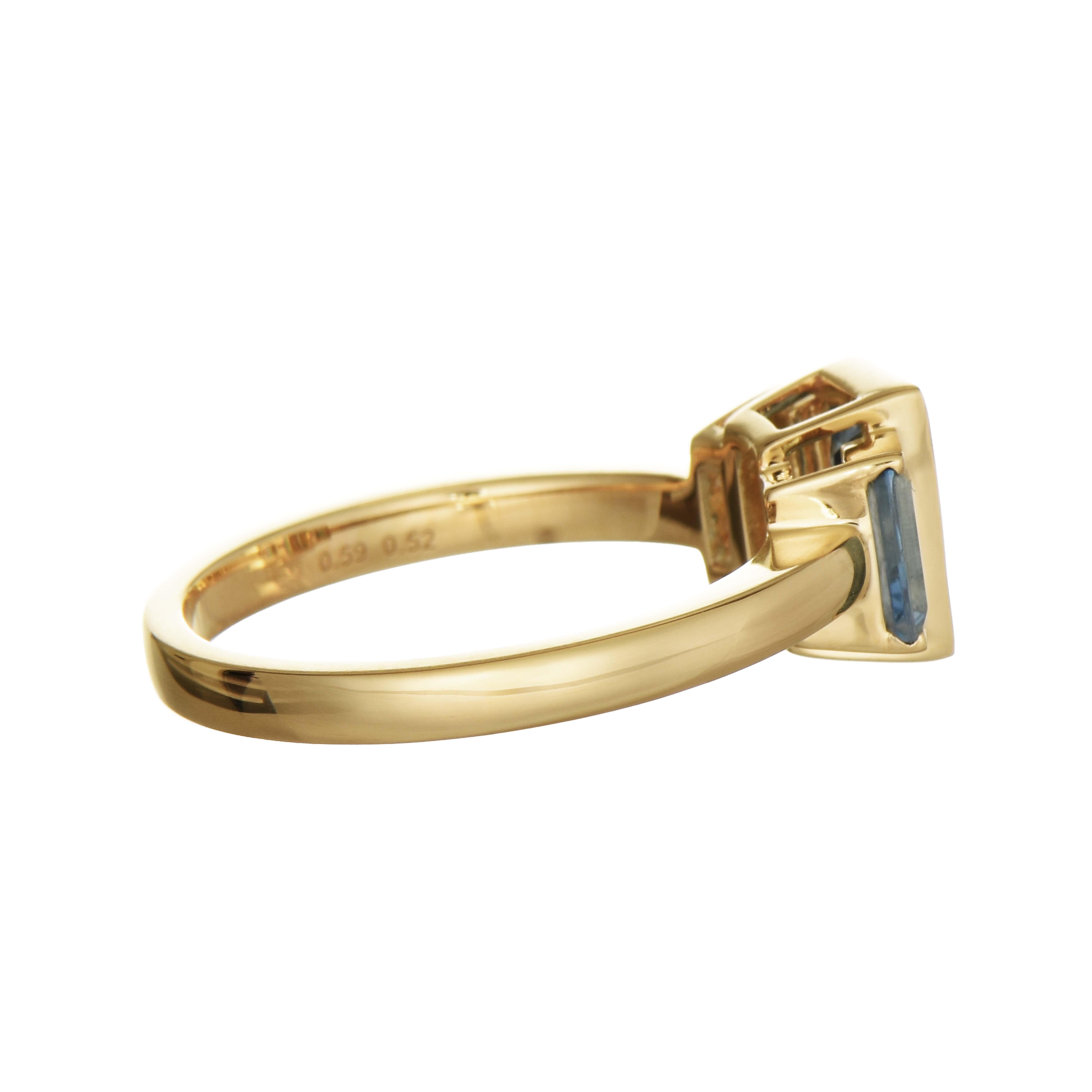 This beautiful three-stone ring features a rectangular aquamarine gemstone centerpiece, with two smaller matching gemstones on both sides, all set in lustrous yellow gold.

1 Aquamarine Gemstone (center): 0.52 Carat, Baguette Cut
2 Aquamarine