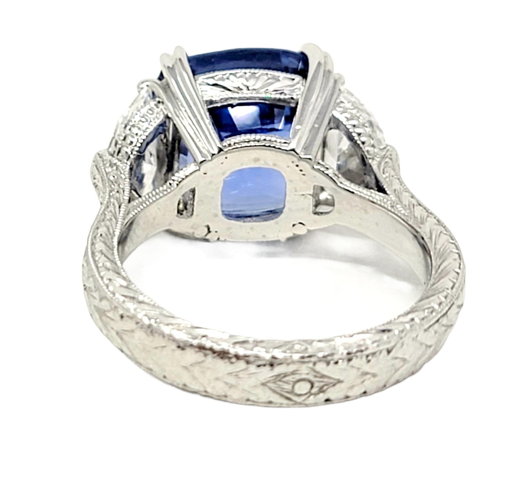 8.85 Carat Cushion Cut Ceylon Blue Sapphire and Half Moon Diamonds 3 Stone Ring 3