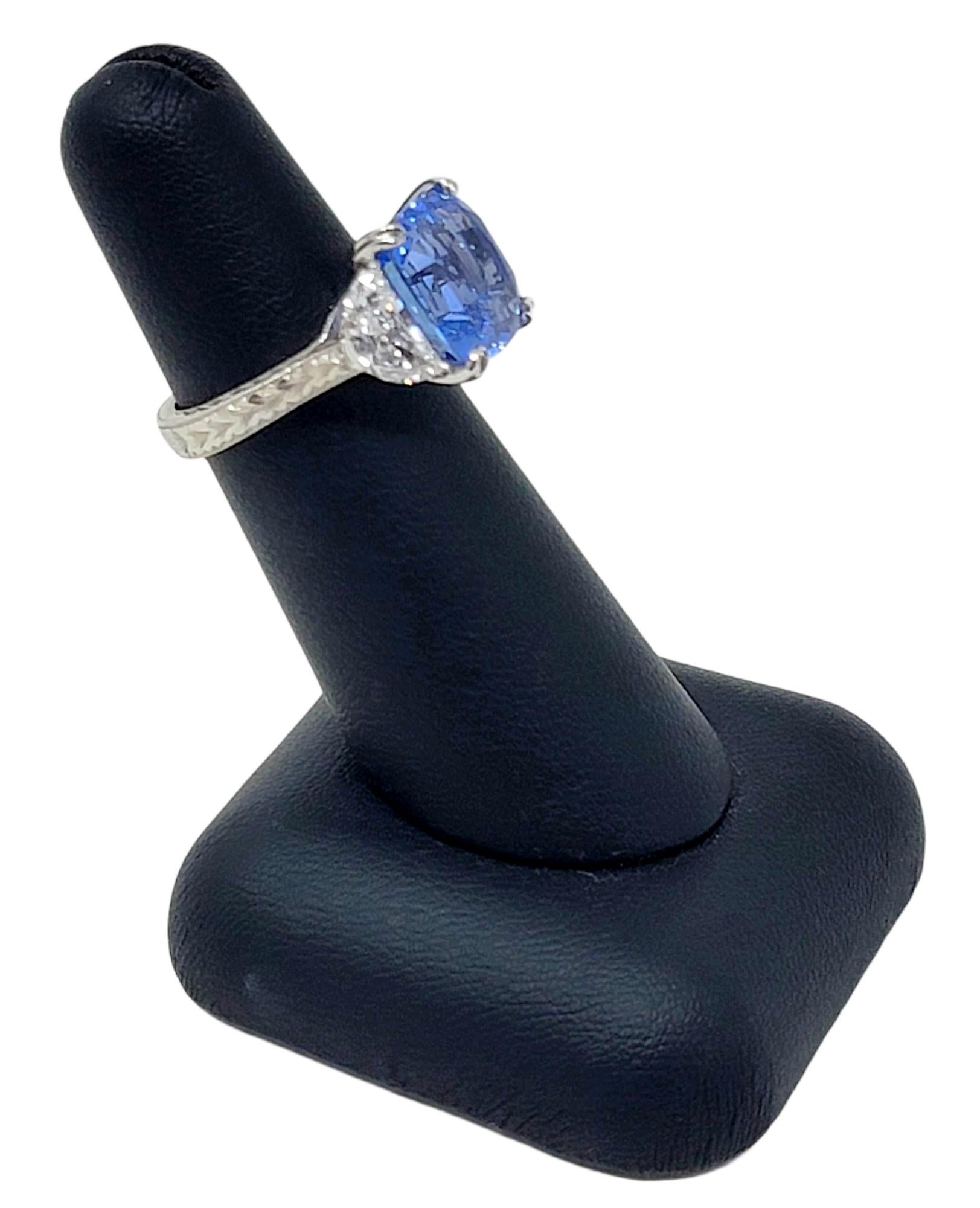 8.85 Carat Cushion Cut Ceylon Blue Sapphire and Half Moon Diamonds 3 Stone Ring 4