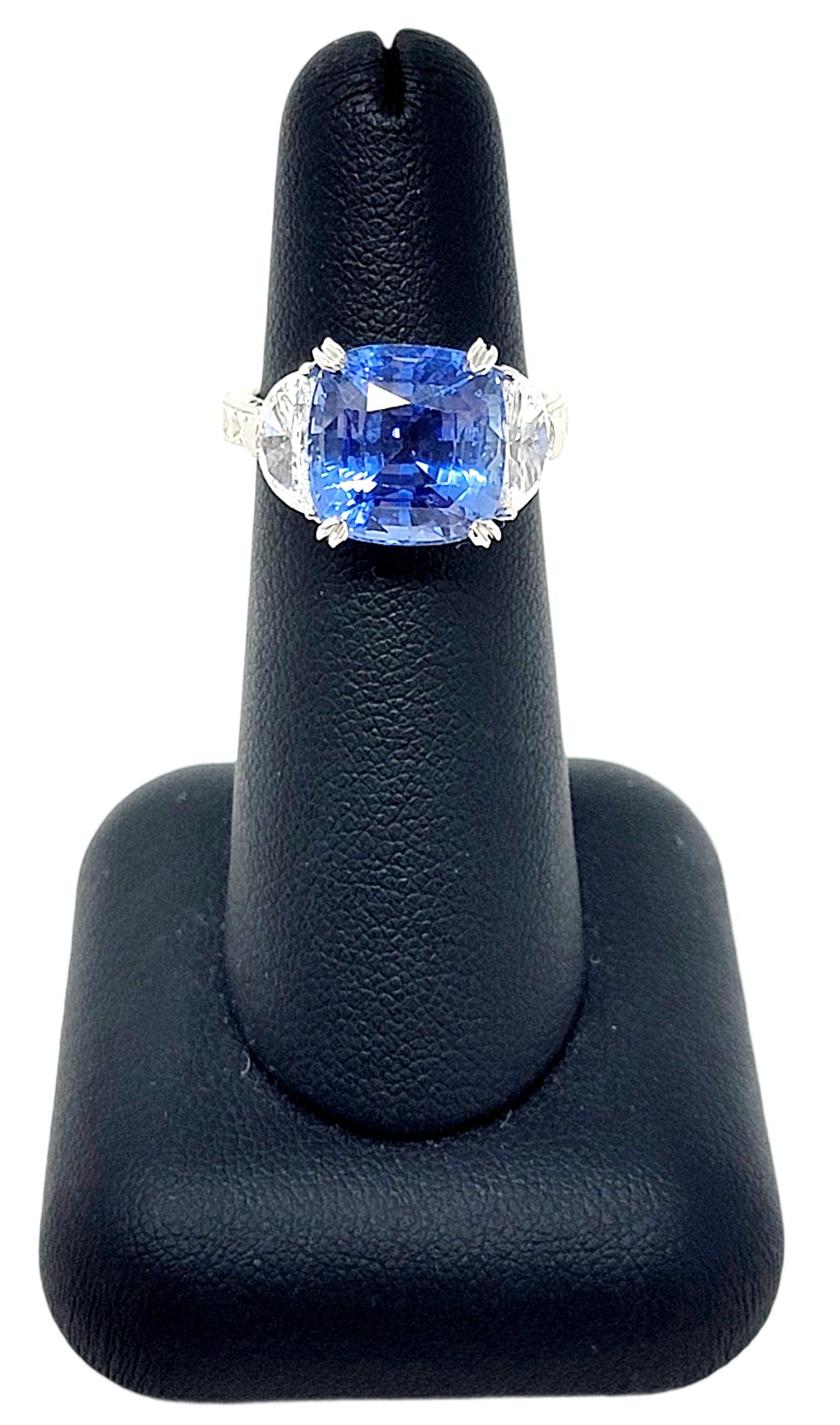 8.85 Carat Cushion Cut Ceylon Blue Sapphire and Half Moon Diamonds 3 Stone Ring 5