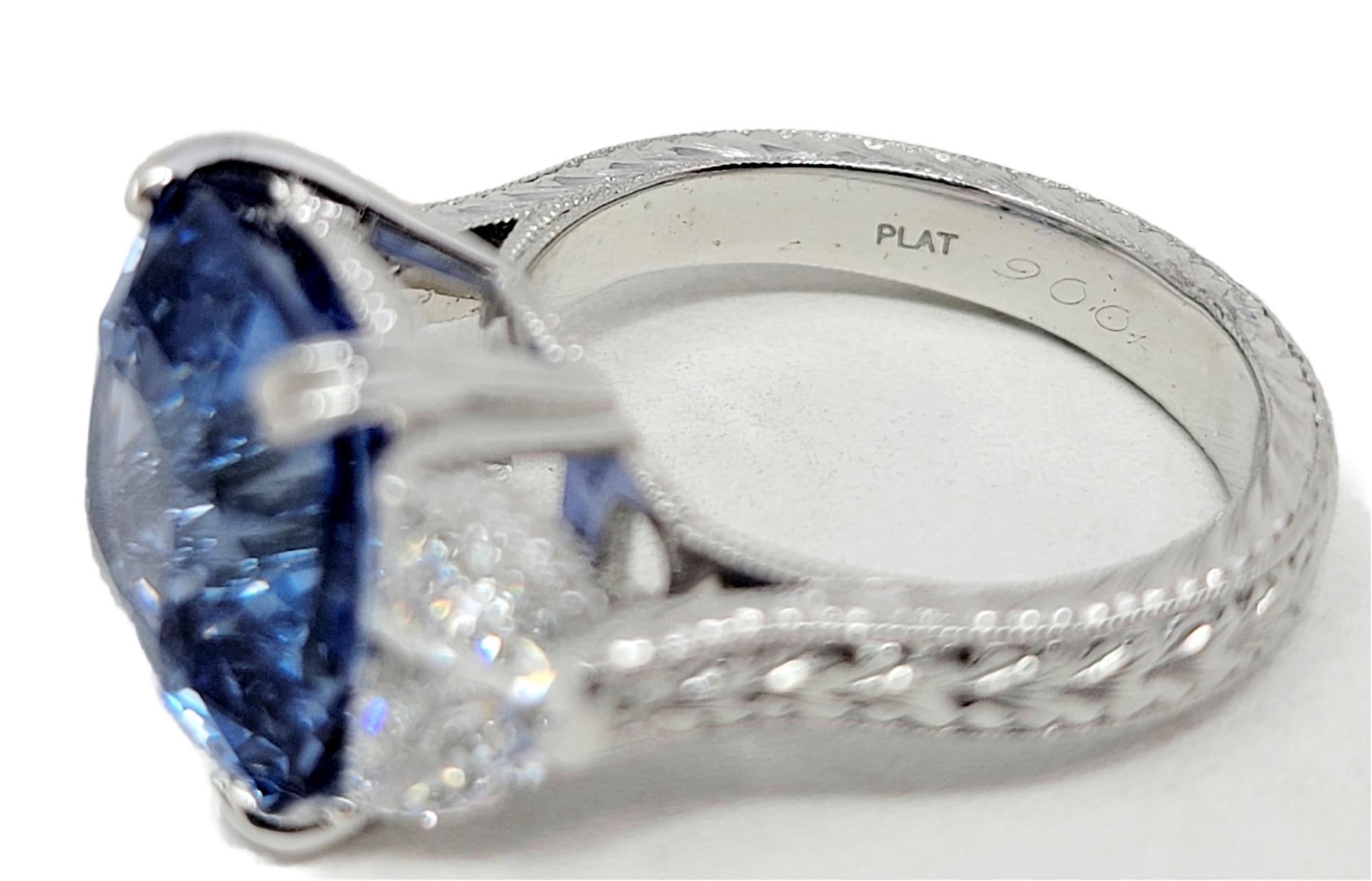 8.85 Carat Cushion Cut Ceylon Blue Sapphire and Half Moon Diamonds 3 Stone Ring 6