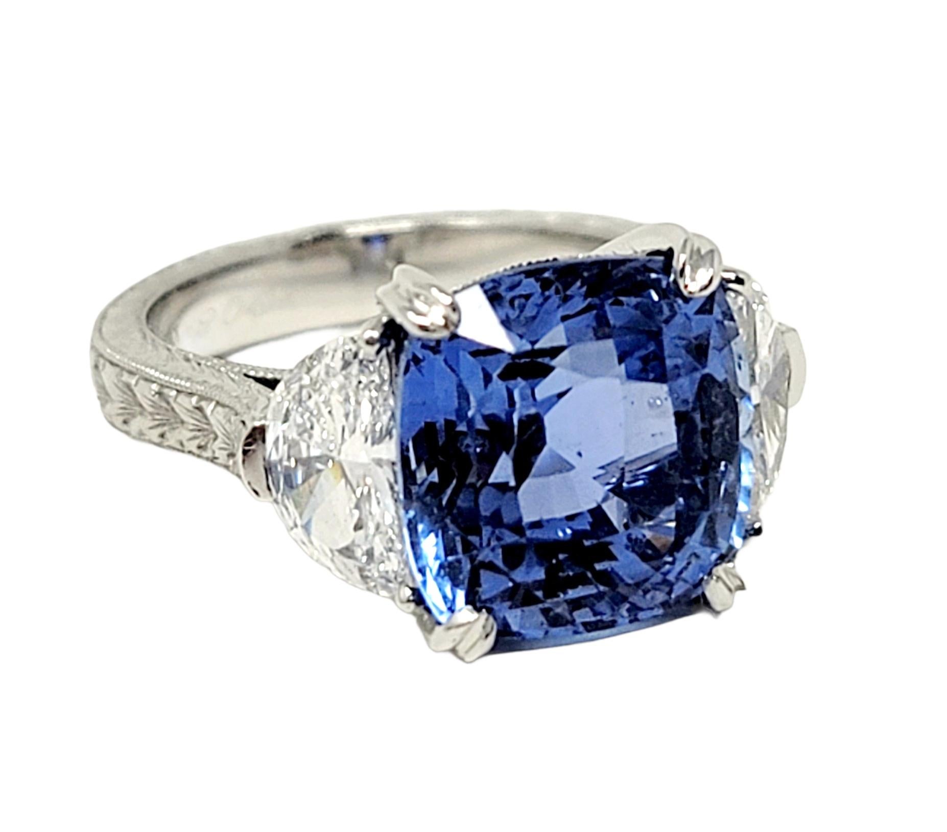 Contemporary 8.85 Carat Cushion Cut Ceylon Blue Sapphire and Half Moon Diamonds 3 Stone Ring