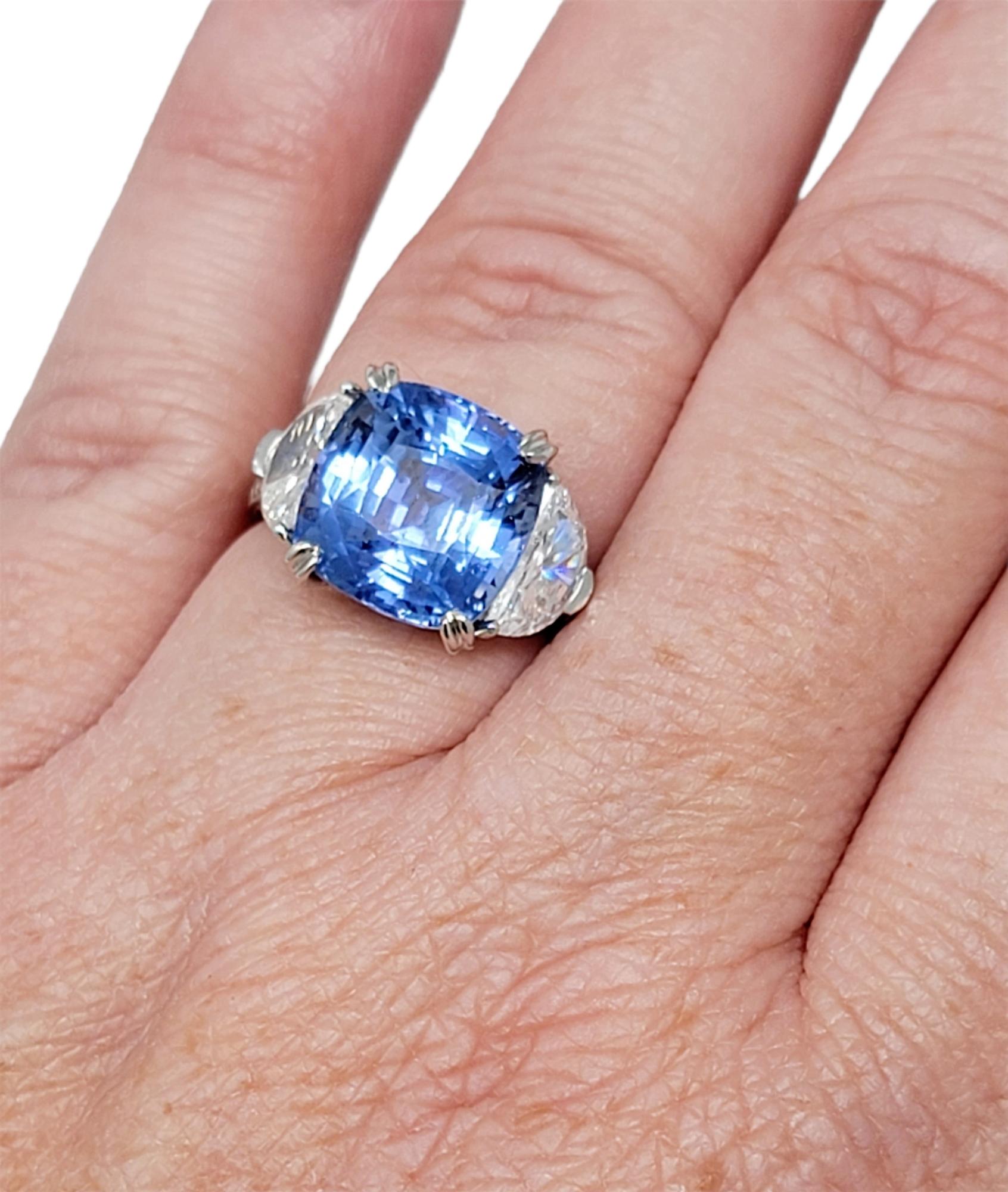 8.85 Carat Cushion Cut Ceylon Blue Sapphire and Half Moon Diamonds 3 Stone Ring In Excellent Condition In Scottsdale, AZ