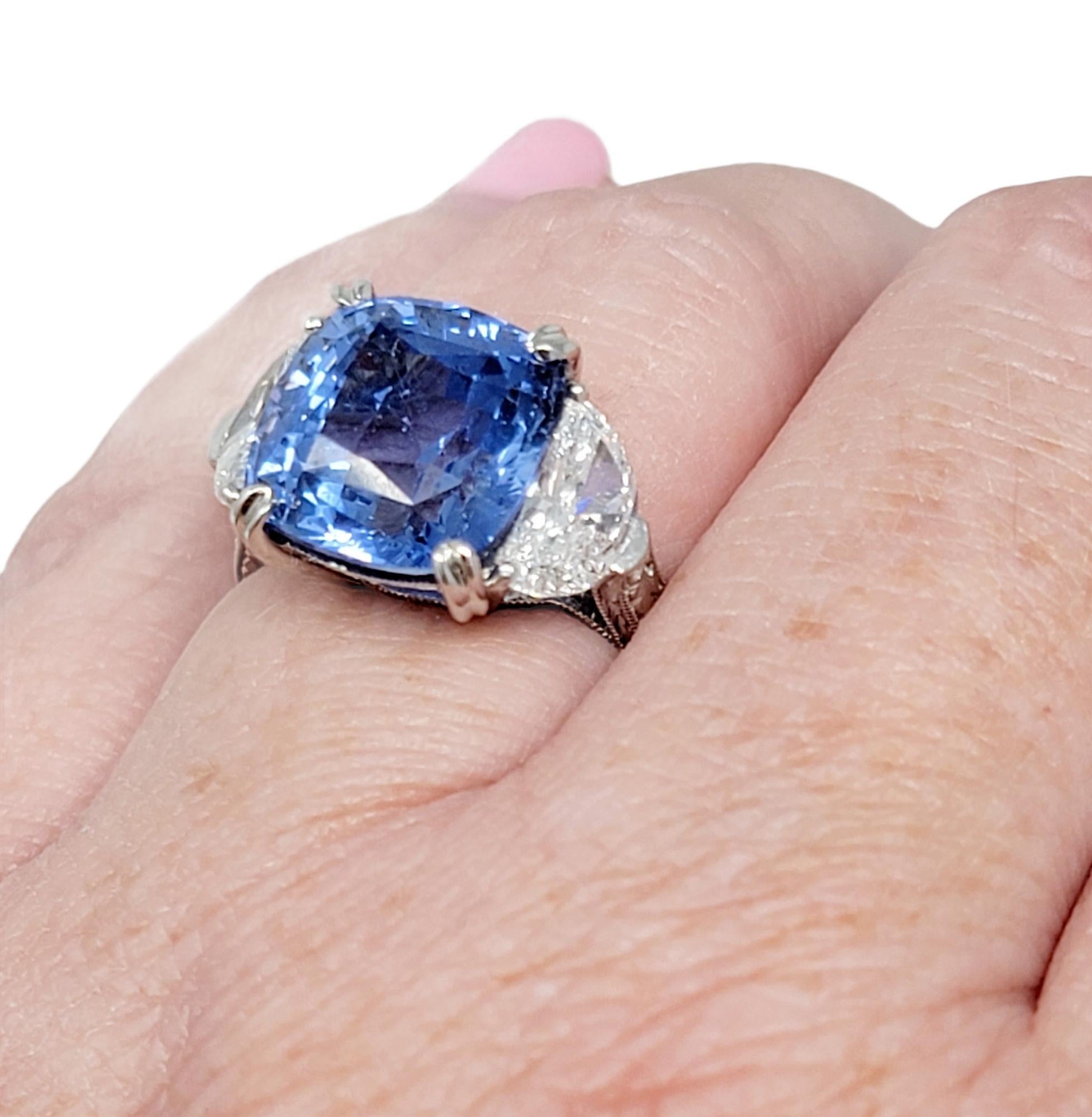 Women's 8.85 Carat Cushion Cut Ceylon Blue Sapphire and Half Moon Diamonds 3 Stone Ring