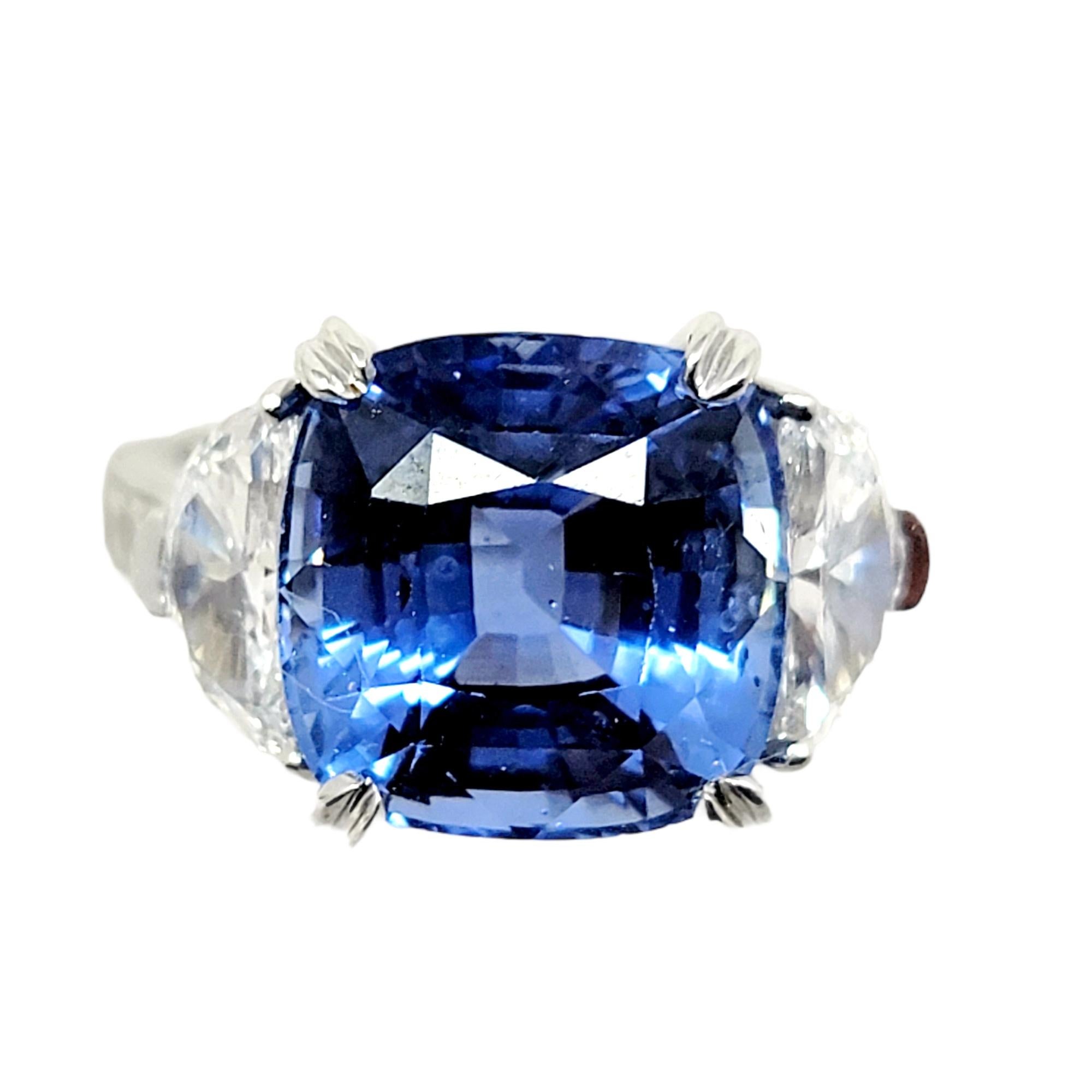 8.85 Carat Cushion Cut Ceylon Blue Sapphire and Half Moon Diamonds 3 Stone Ring 1