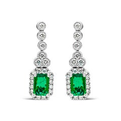 1.02 Carats Total Emerald Cut Green Emerald & Round Diamond Halo Dangle Earrings
