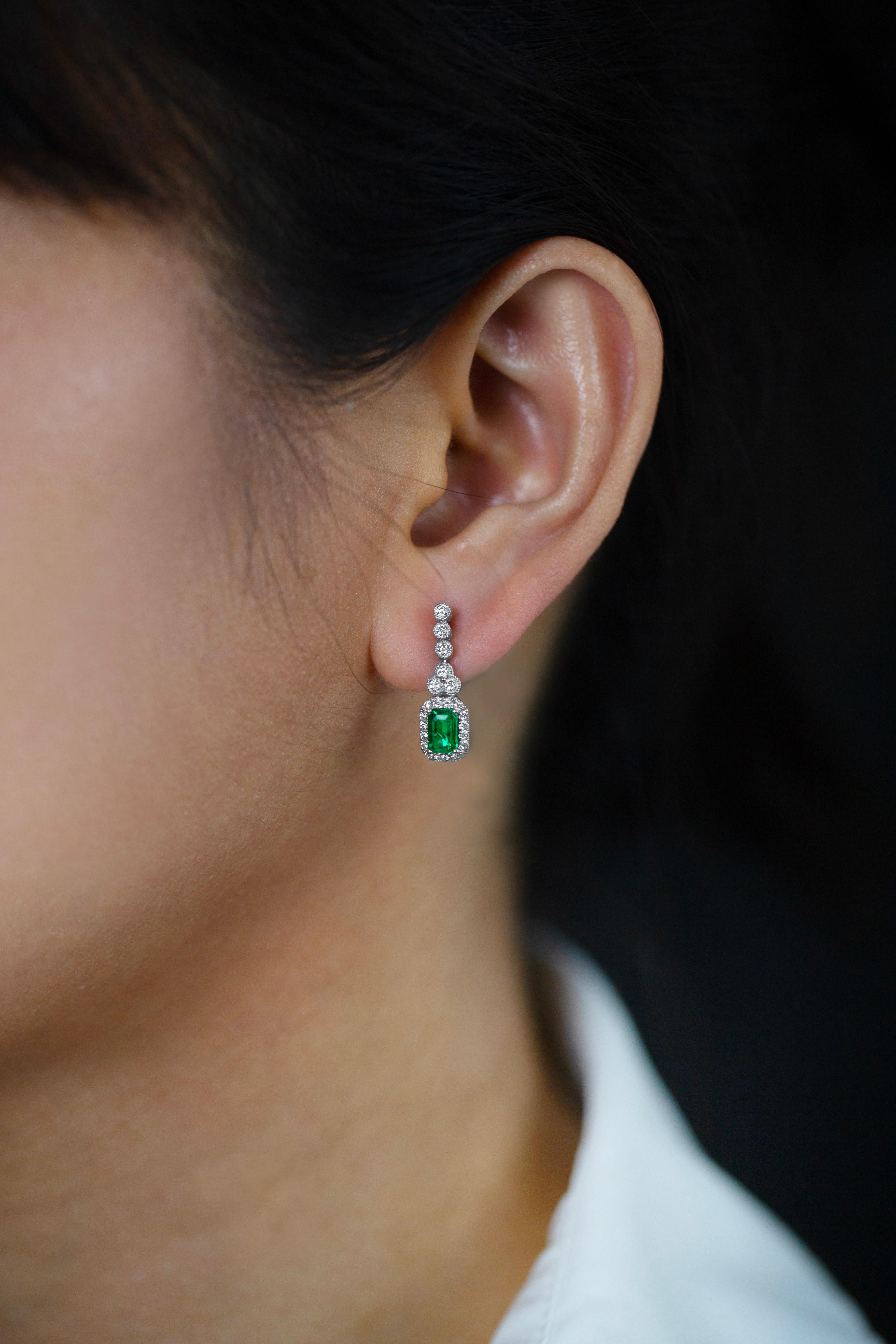 1.02 Carats Total Emerald Cut Green Emerald & Round Diamond Halo Dangle Earrings For Sale 2