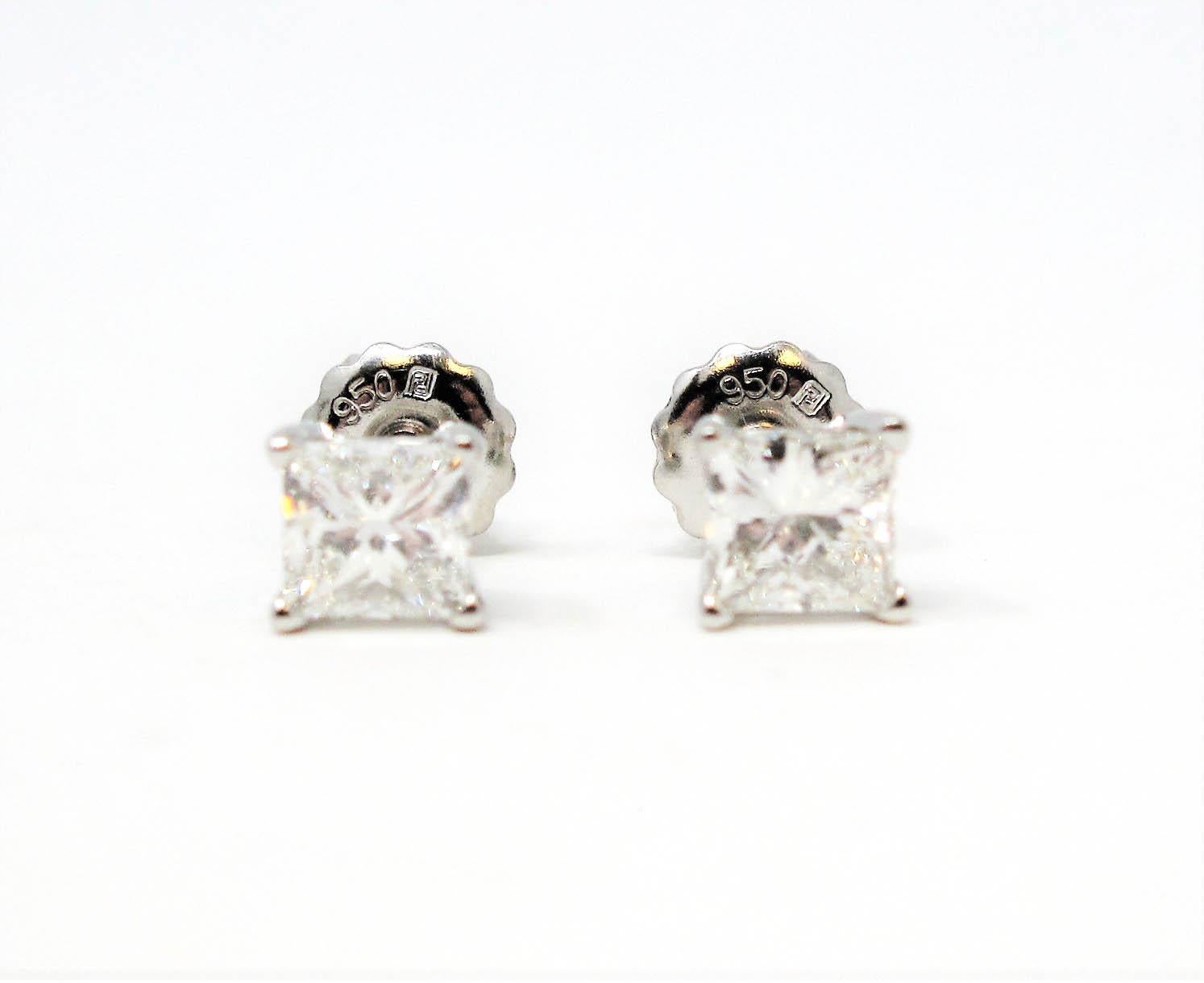 1.02 Carat Total Princess Cut Solitaire Diamond Stud Earrings in Platinum VS1 1