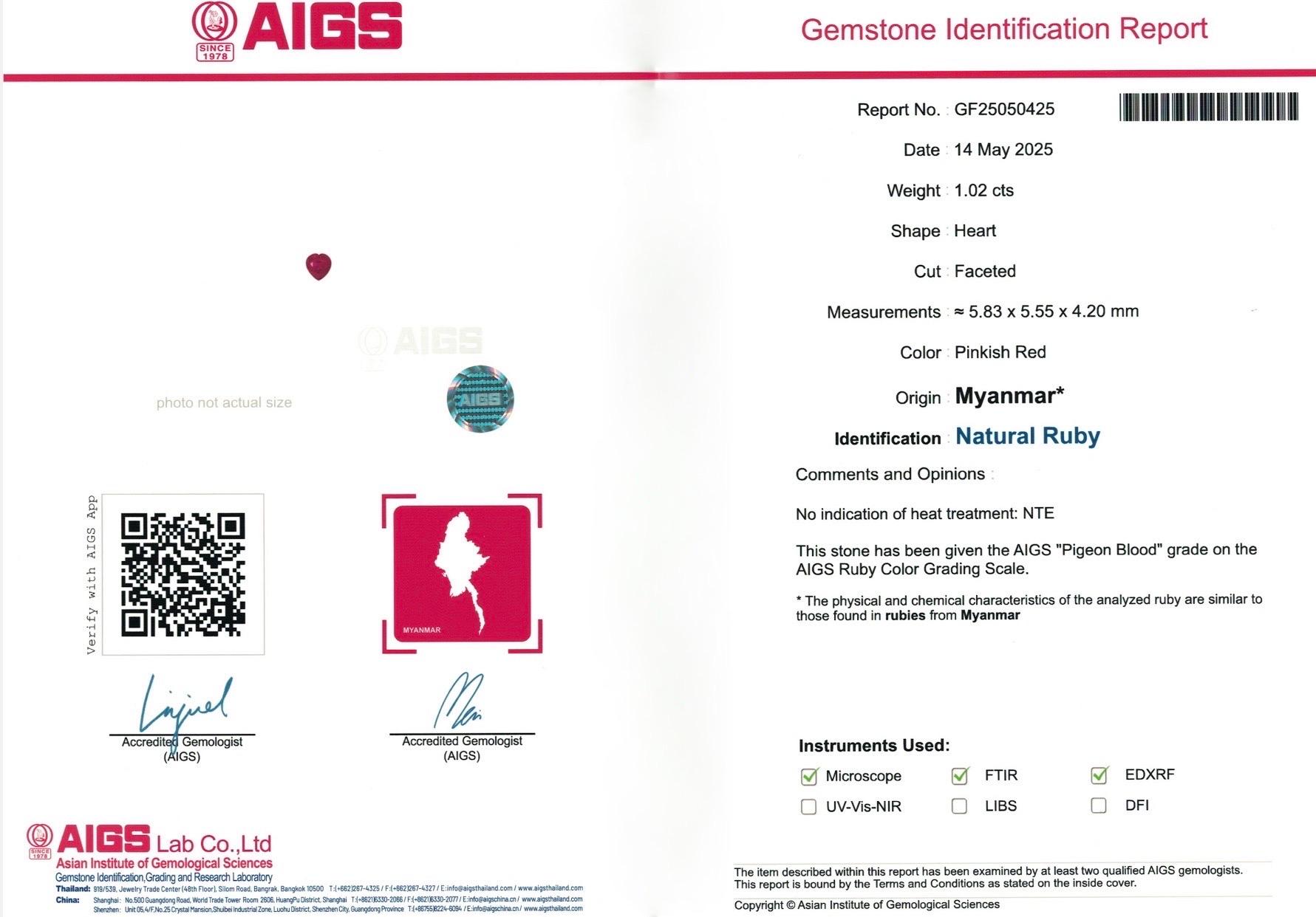 Heart Cut 1.02 Ct AIGS Certificate Unheated Burma Ruby Pigeon Blood color For Sale