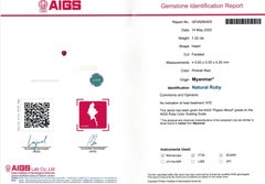 1.02 Ct AIGS Certificate Unheated Burma Ruby Pigeon Blood color No heat