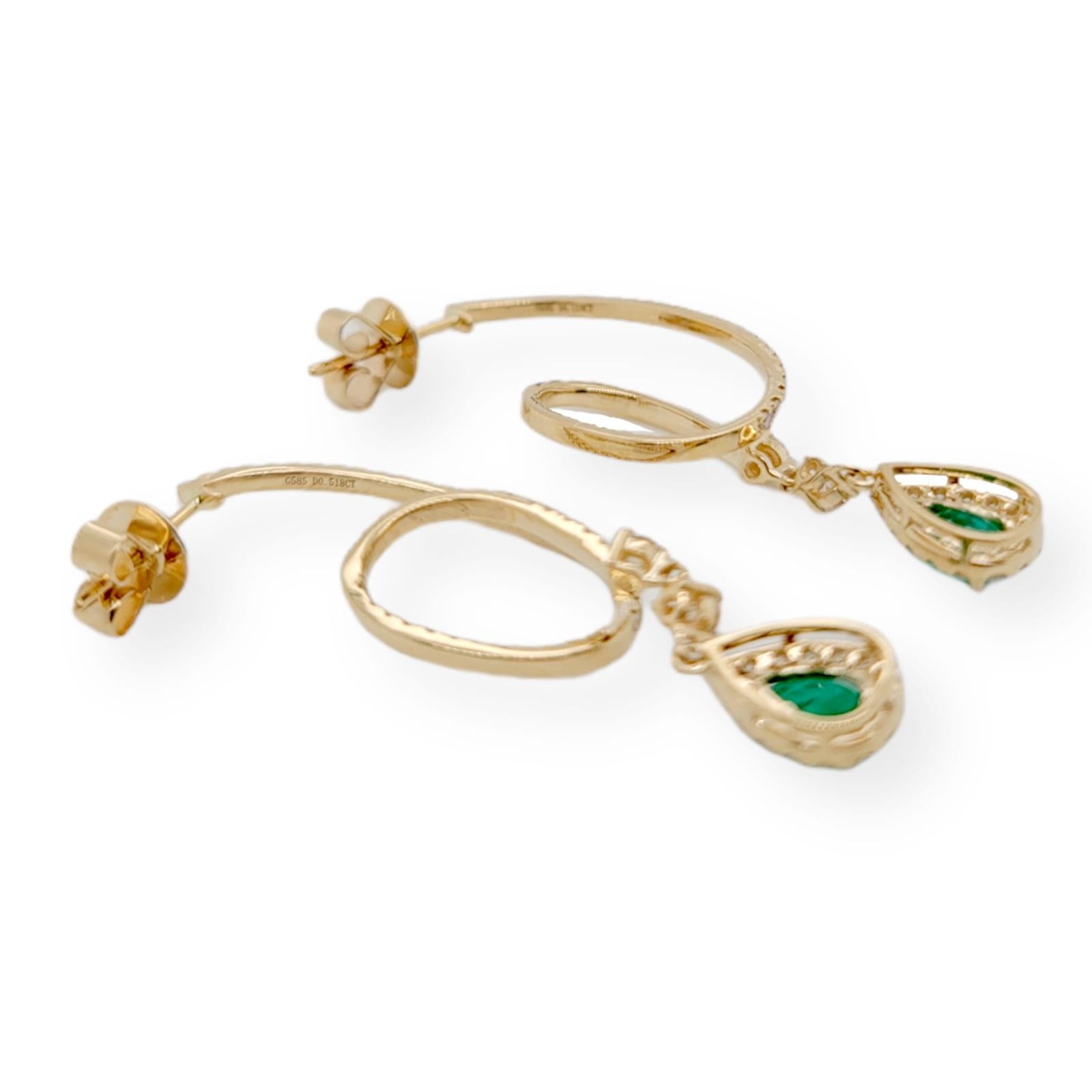 Women's 1.02 Ct Colombian Emerald & 1.04 Ct Diamonds in 14k Yellow Gold Drop Earrings For Sale