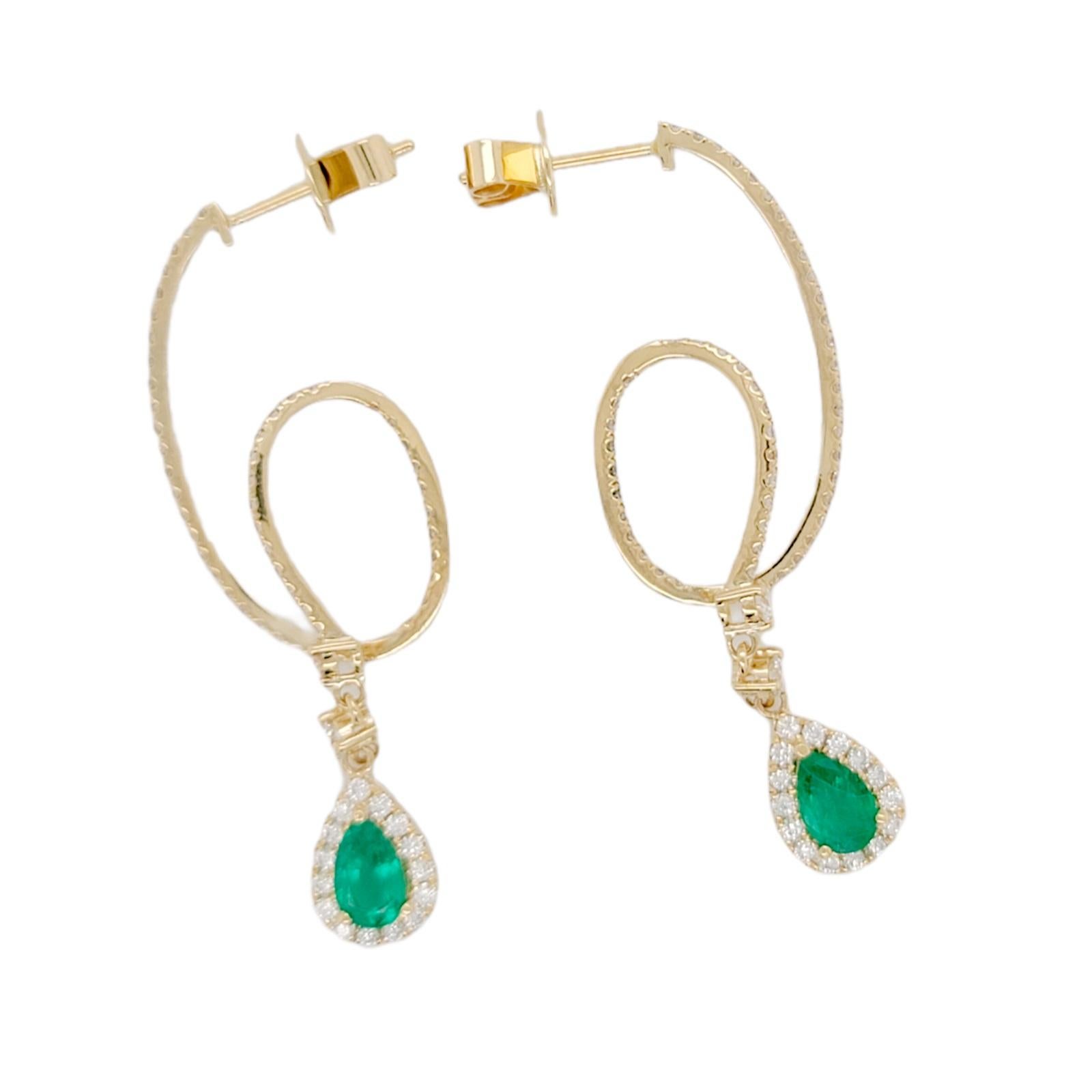 1.02 Ct Colombian Emerald & 1.04 Ct Diamonds in 14k Yellow Gold Drop Earrings For Sale 1