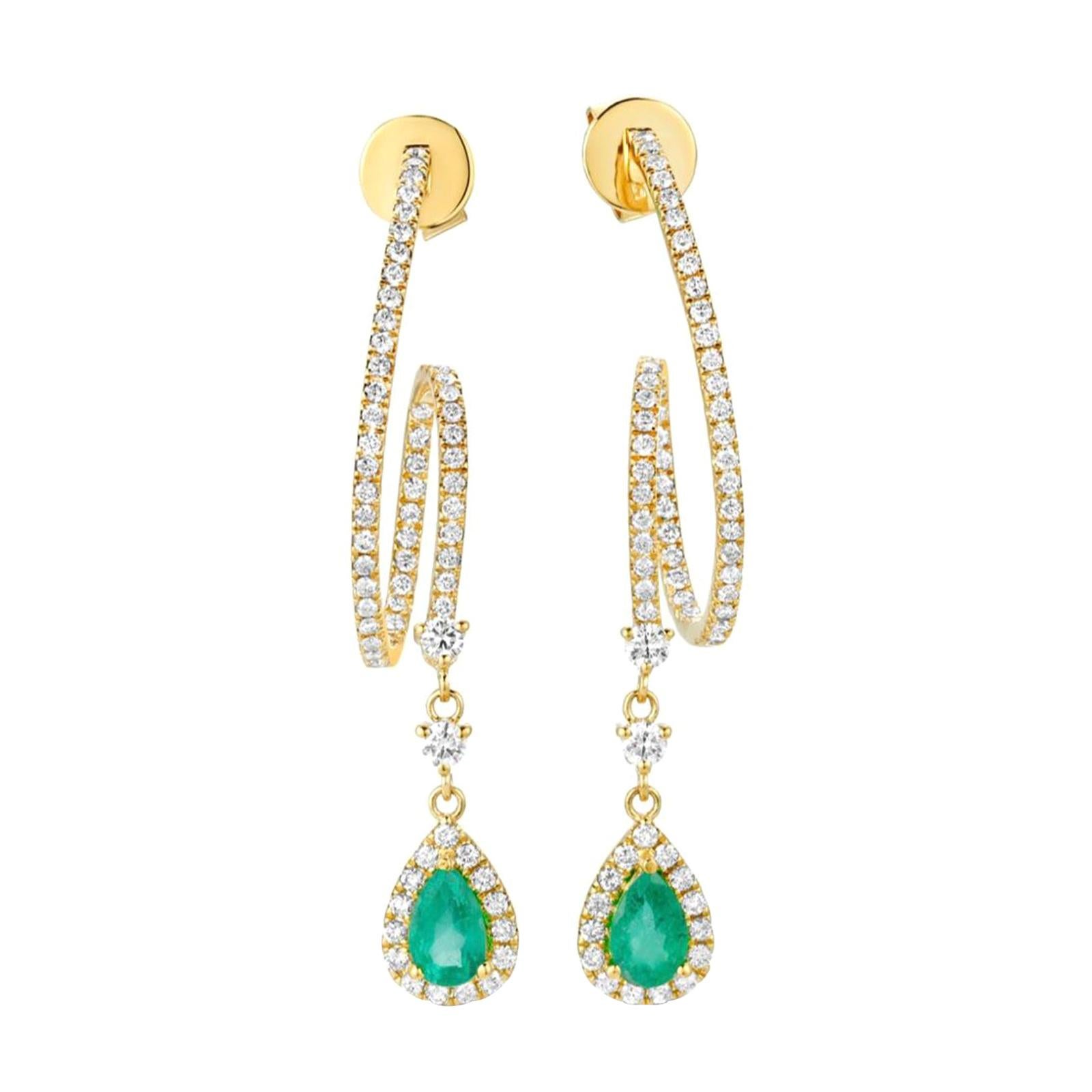 1.02 Ct Colombian Emerald & 1.04 Ct Diamonds in 14k Yellow Gold Drop Earrings For Sale