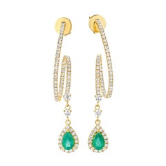 1.02 Ct Colombian Emerald & 1.04 Ct Diamonds in 14k Yellow Gold Drop Earrings