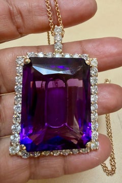 102 Ct Emerald Cut Amethyst & 5.5 Ct Diamond Pendant Necklace 14KY Gold + Chain