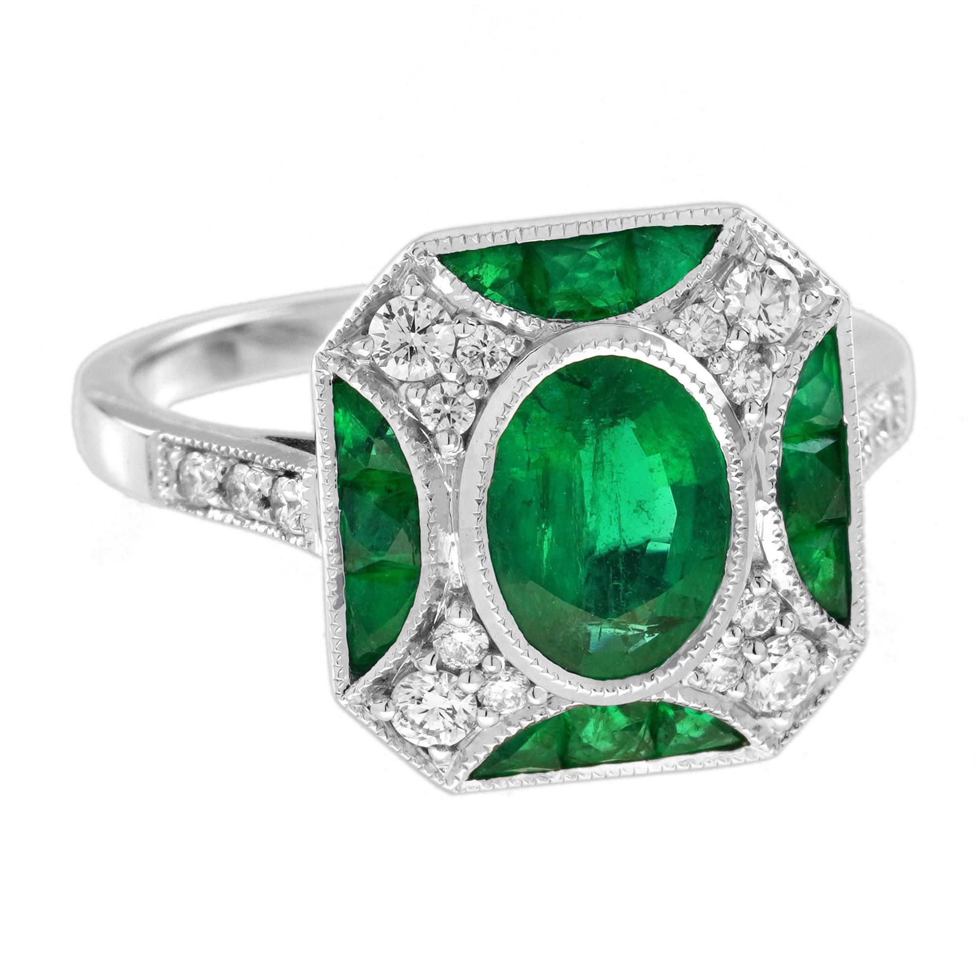 Oval Cut 1.02 Ct. Emerald Diamond Art Deco Style Engagement Ring in 18K White Gold
