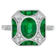 1.02 Ct. Emerald Diamond Art Deco Style Engagement Ring in 18K White Gold