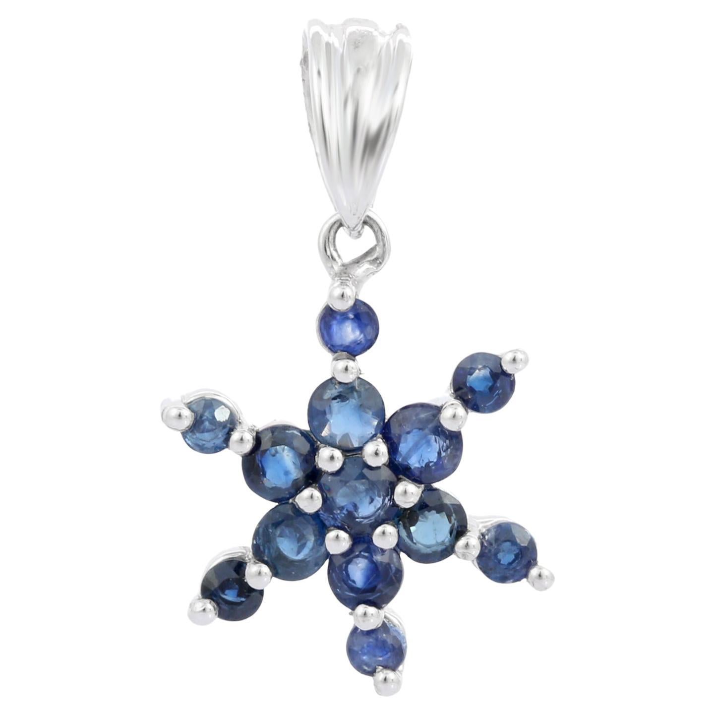 1.02 Ct Star Shape Blue Sapphire Pendant Necklace in 14K White Gold For Sale