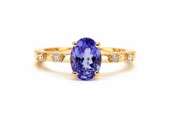 1.02 Ct Tanzanite Solitaire Band 0.06 Ct Diamond Solitaire Band 14K Gold Ring