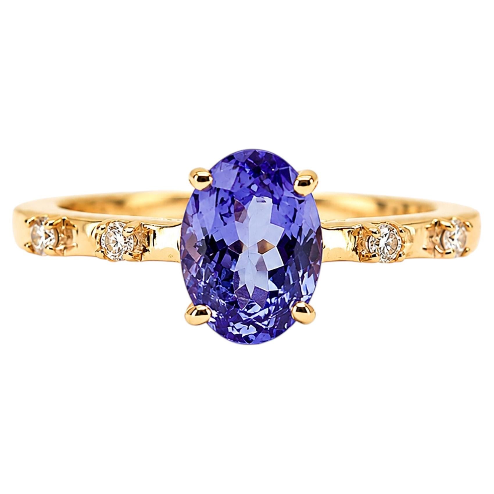 1.02 Ct Tanzanite Solitaire Band 0.06 Ct Diamond Solitaire Band 14K Gold Ring
