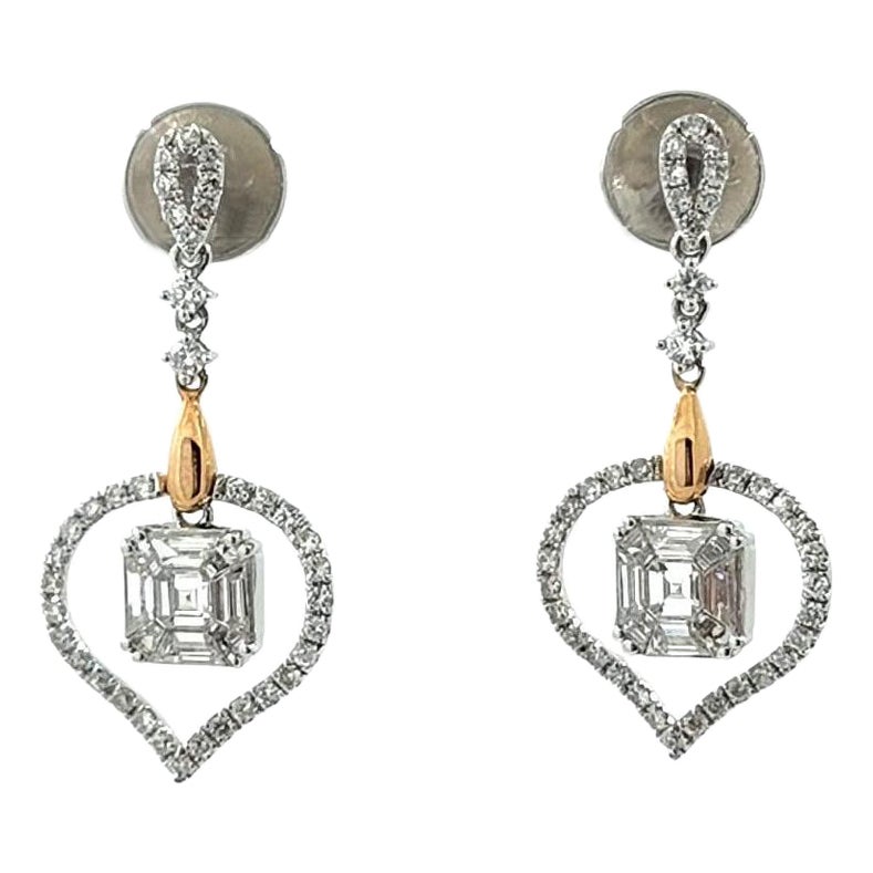 Orecchino a goccia con diamante 1,02 Cushion Illusion Setting in oro bianco e rosa 18 K