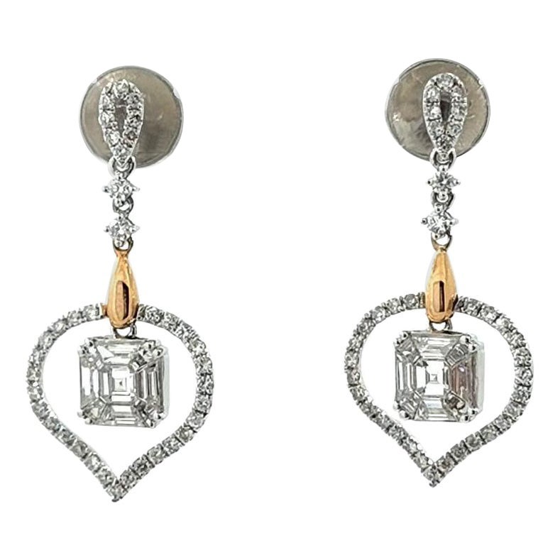 Pendiente de gota de diamante con engaste ilusión en cojín de 1.02 en oro blanco y rosa de 18 K