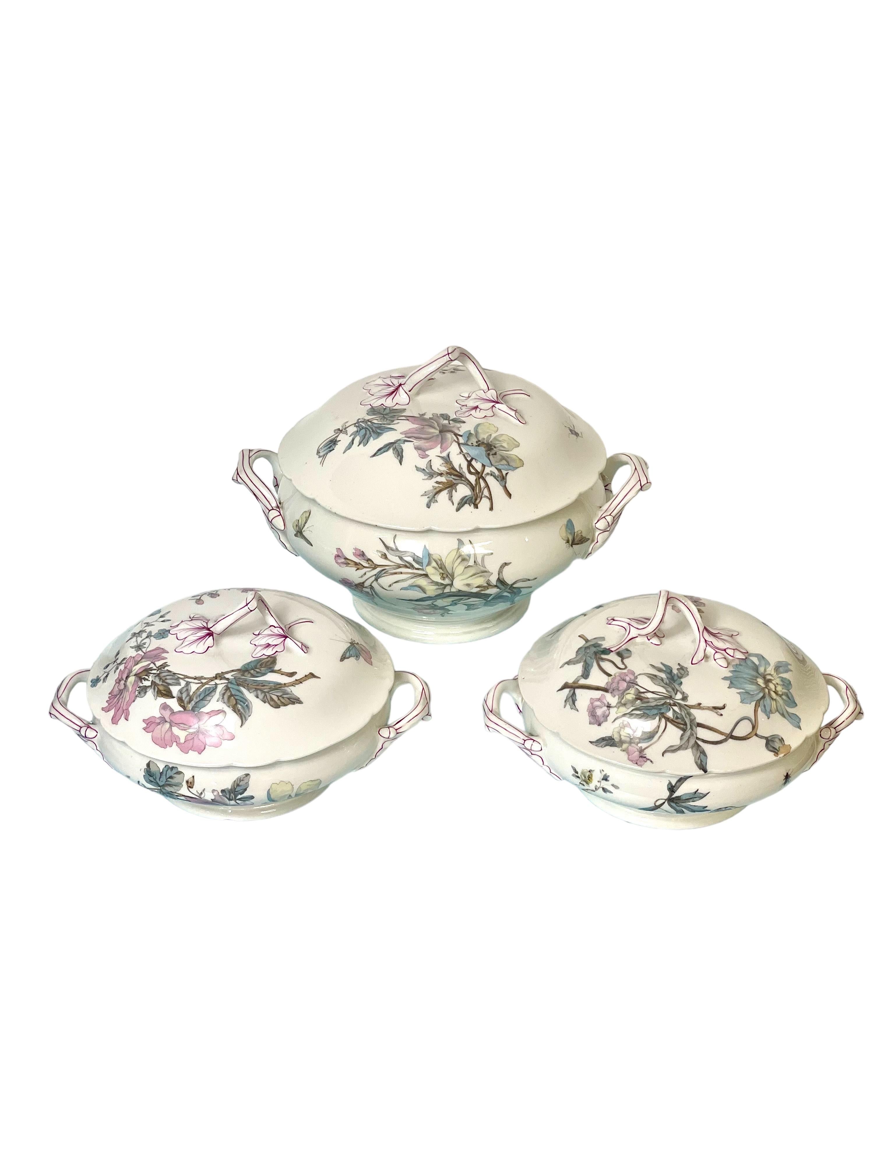 French 102-Piece Porcelain Dinner Service with Flowers and Butterflies