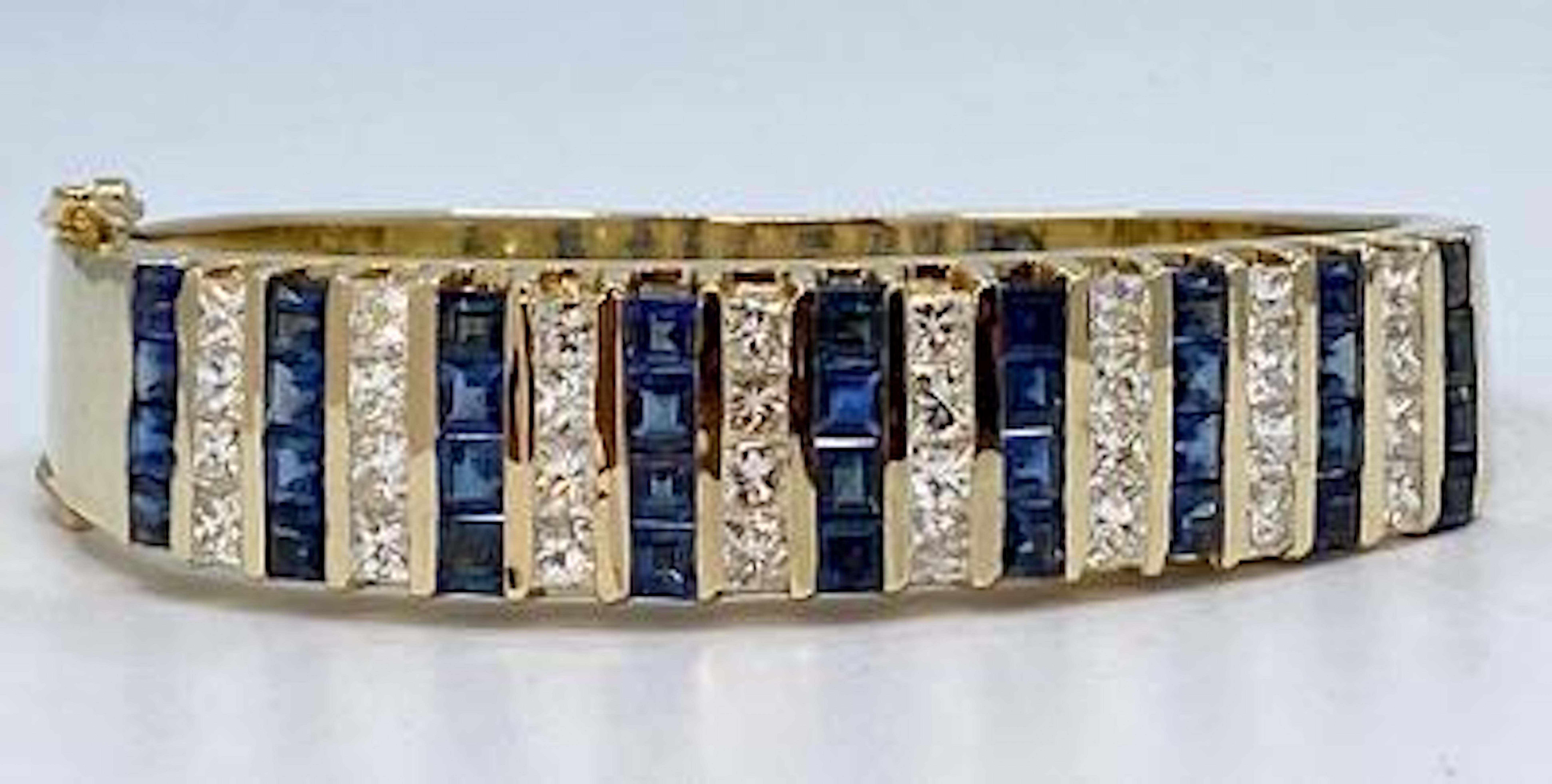 Women's 10.20 Carat Princess Cut Diamond and Sapphire Yellow Gold Bangle Bracelet